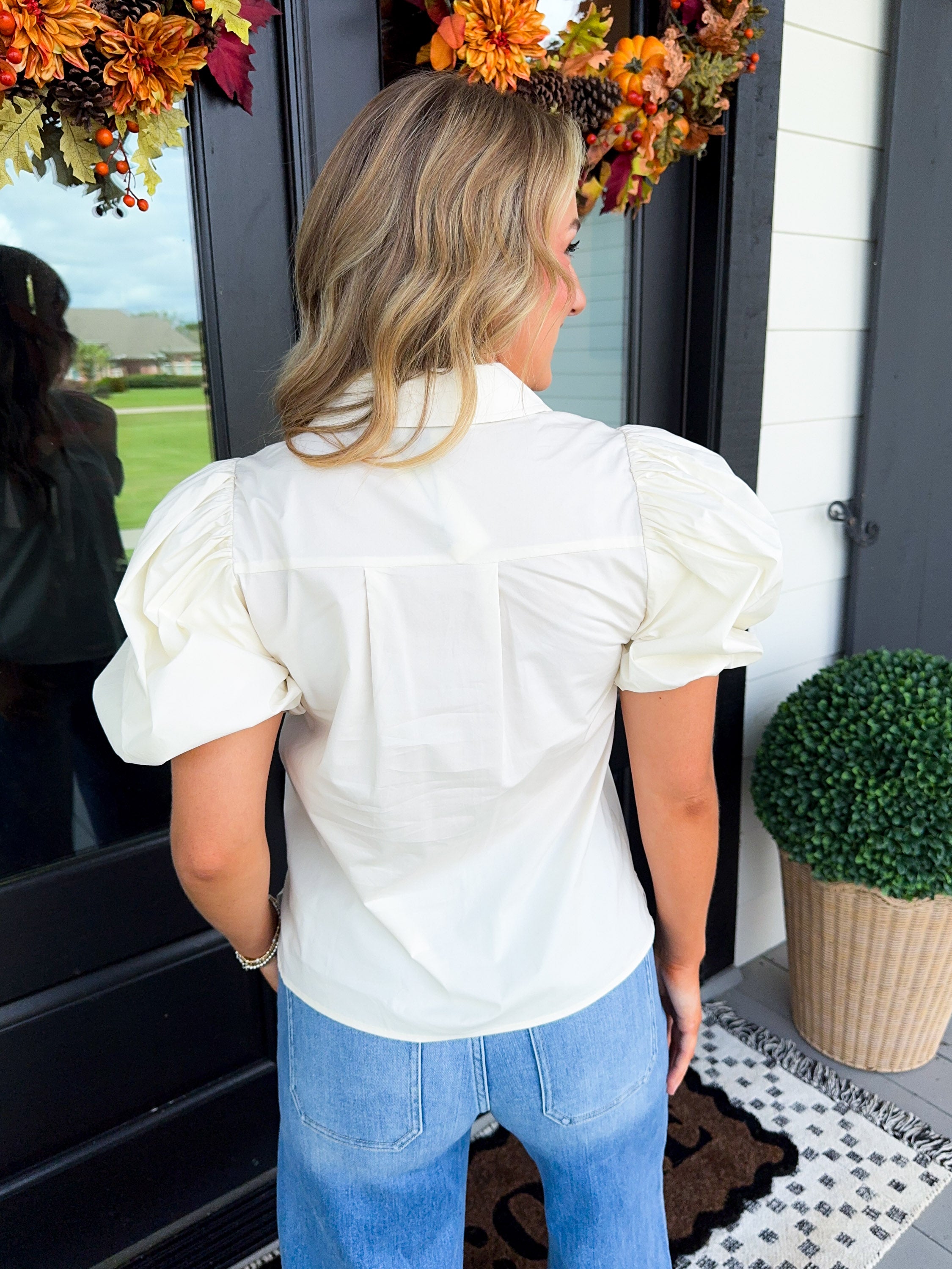 Shirred Detail Bubble Sleeve Top in Milk