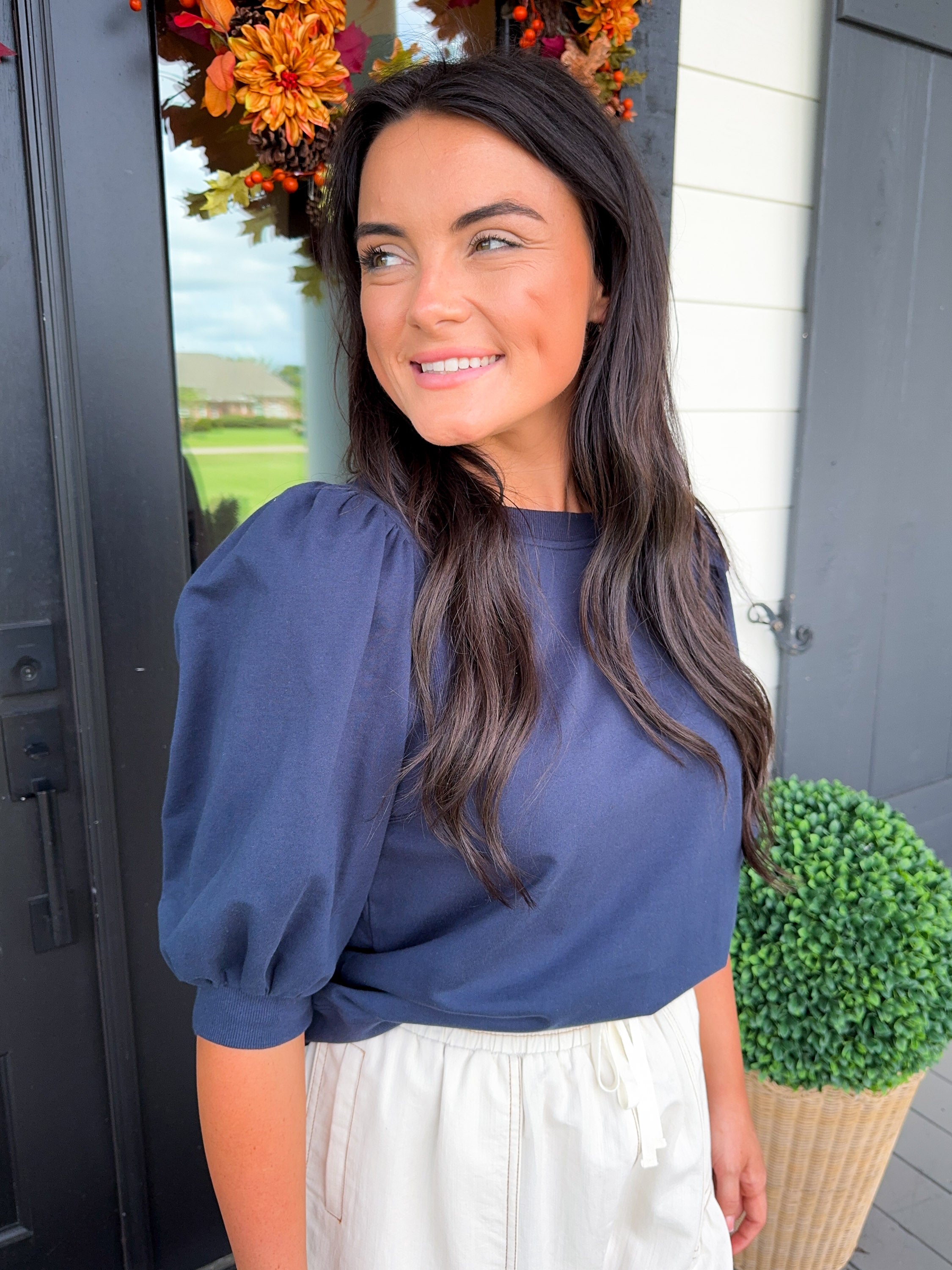 Puff Sleeve Pullover Top in Navy