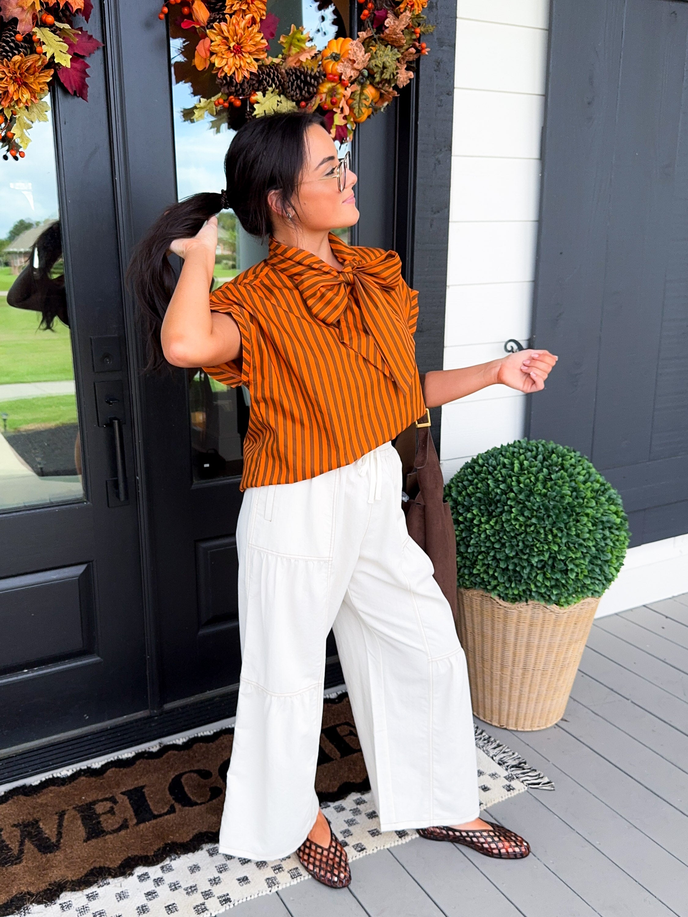 Stripe Bow Neck Tie Top