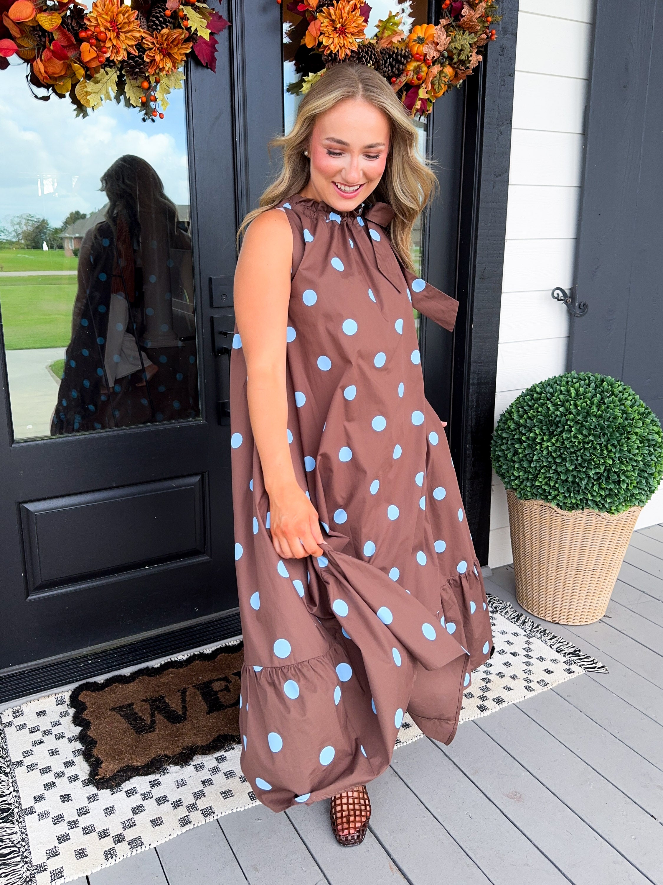 Polka Dot Neck Tie Midi in Brown