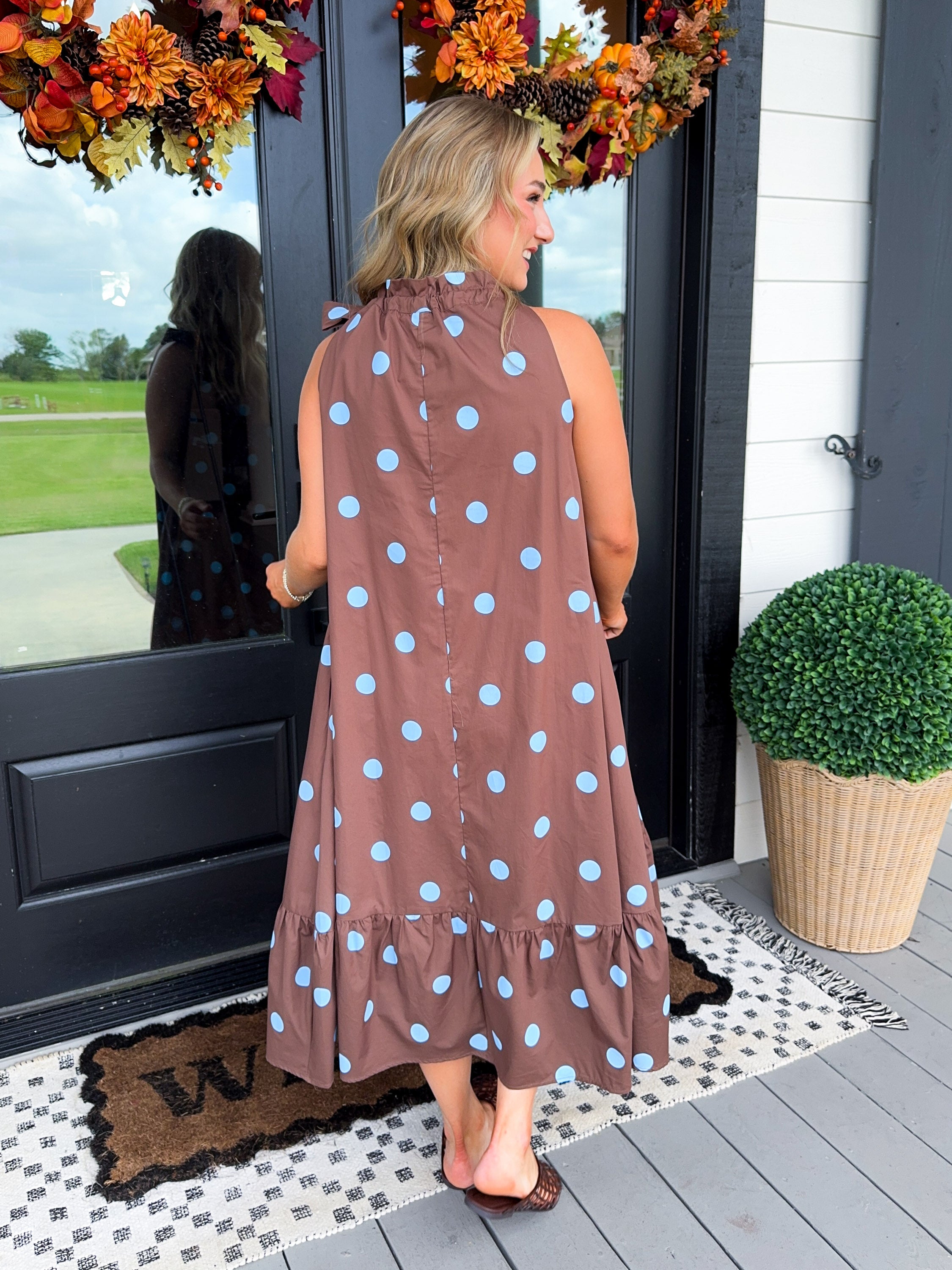 Polka Dot Neck Tie Midi in Brown