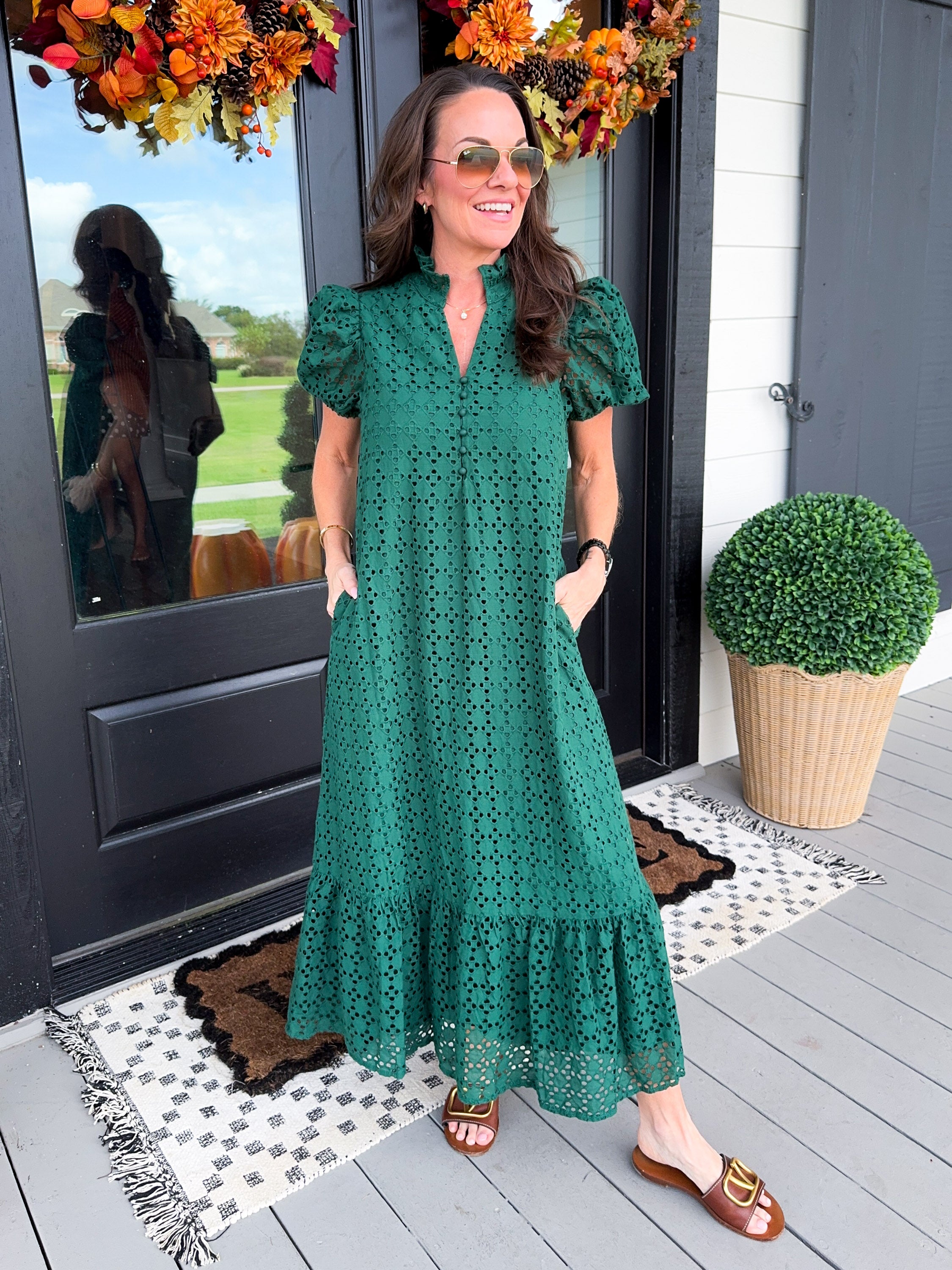 Ruffled Neck Eyelet Midi Dress in Green