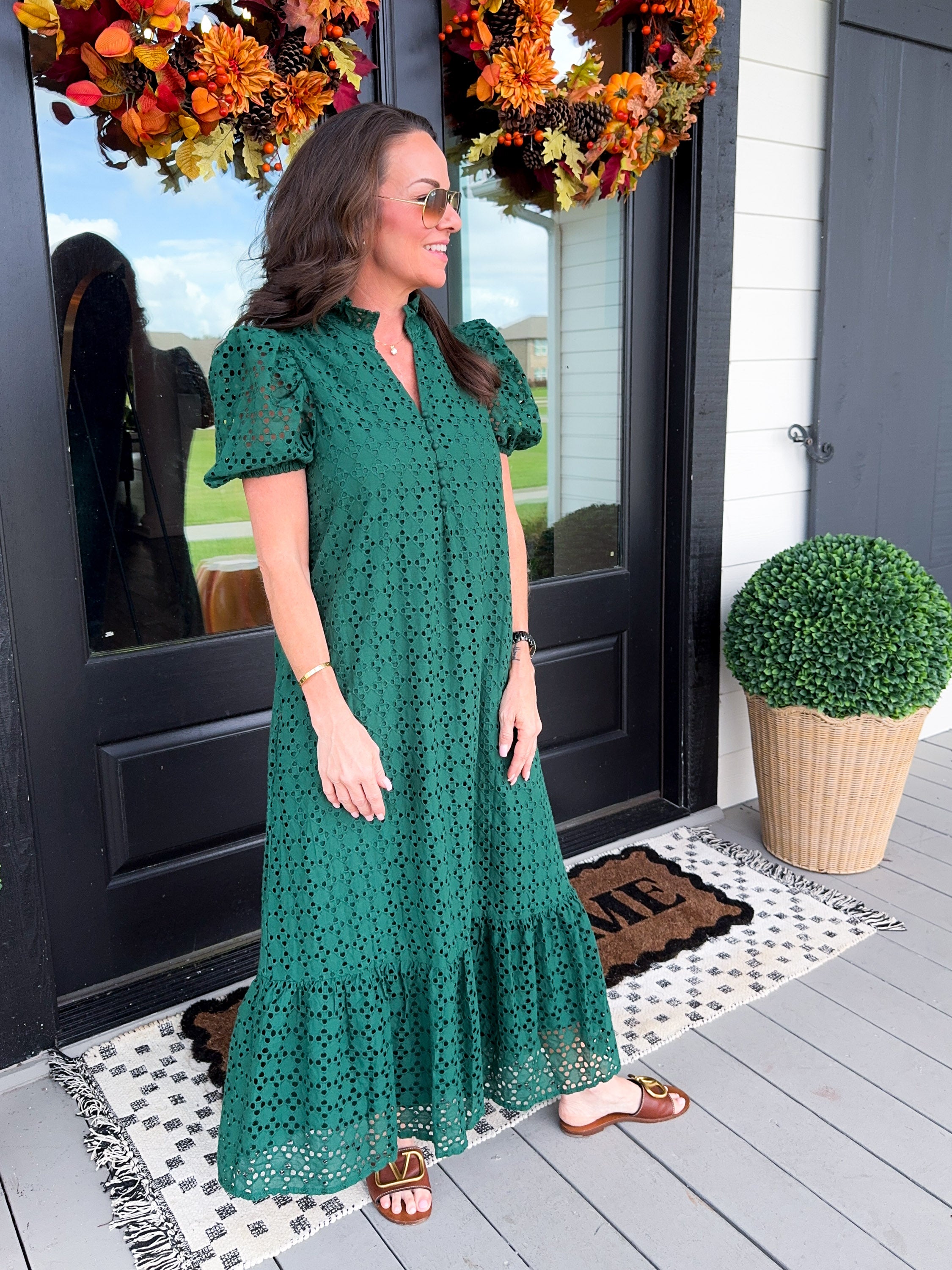 Ruffled Neck Eyelet Midi Dress in Green
