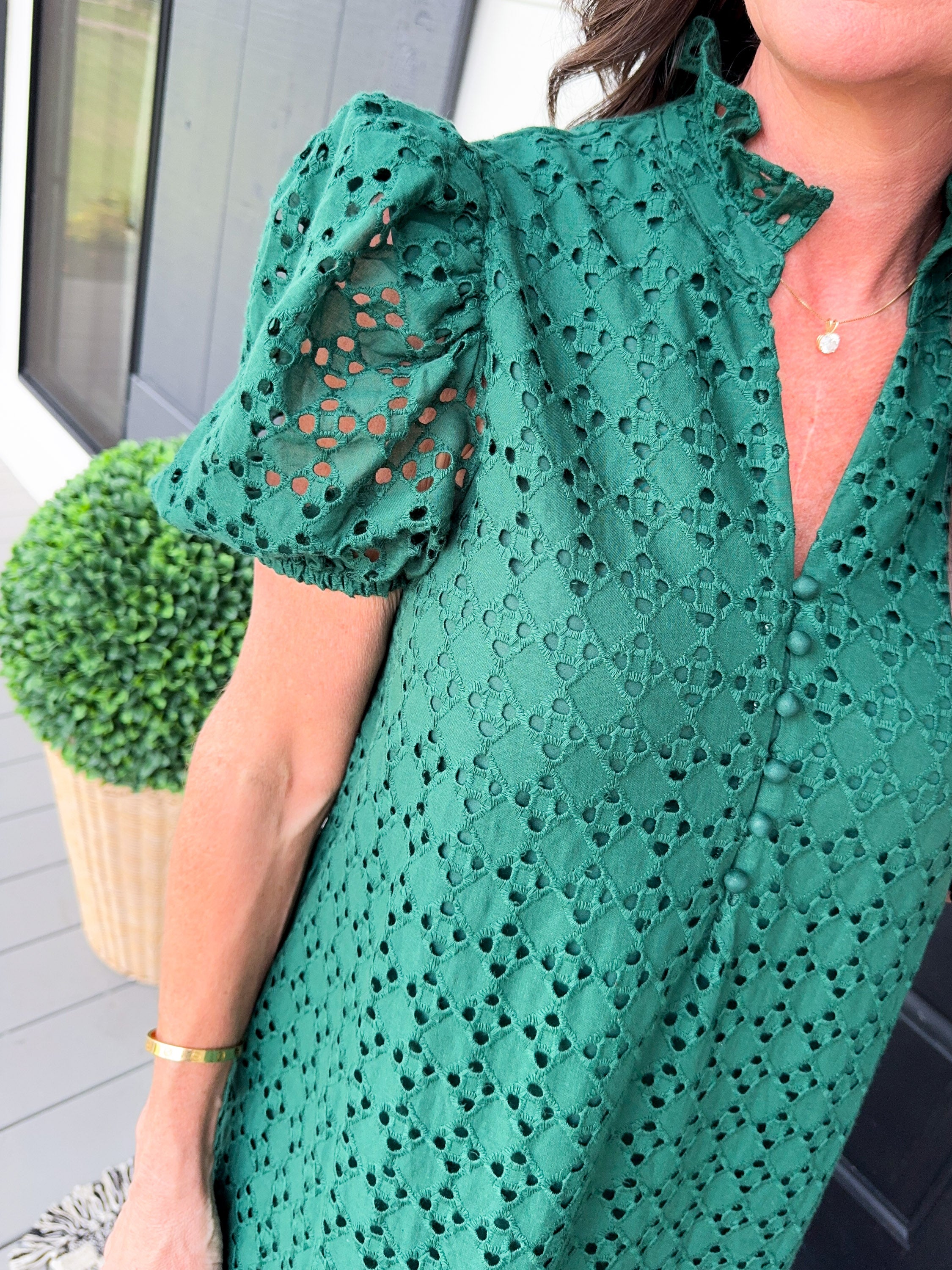 Ruffled Neck Eyelet Midi Dress in Green