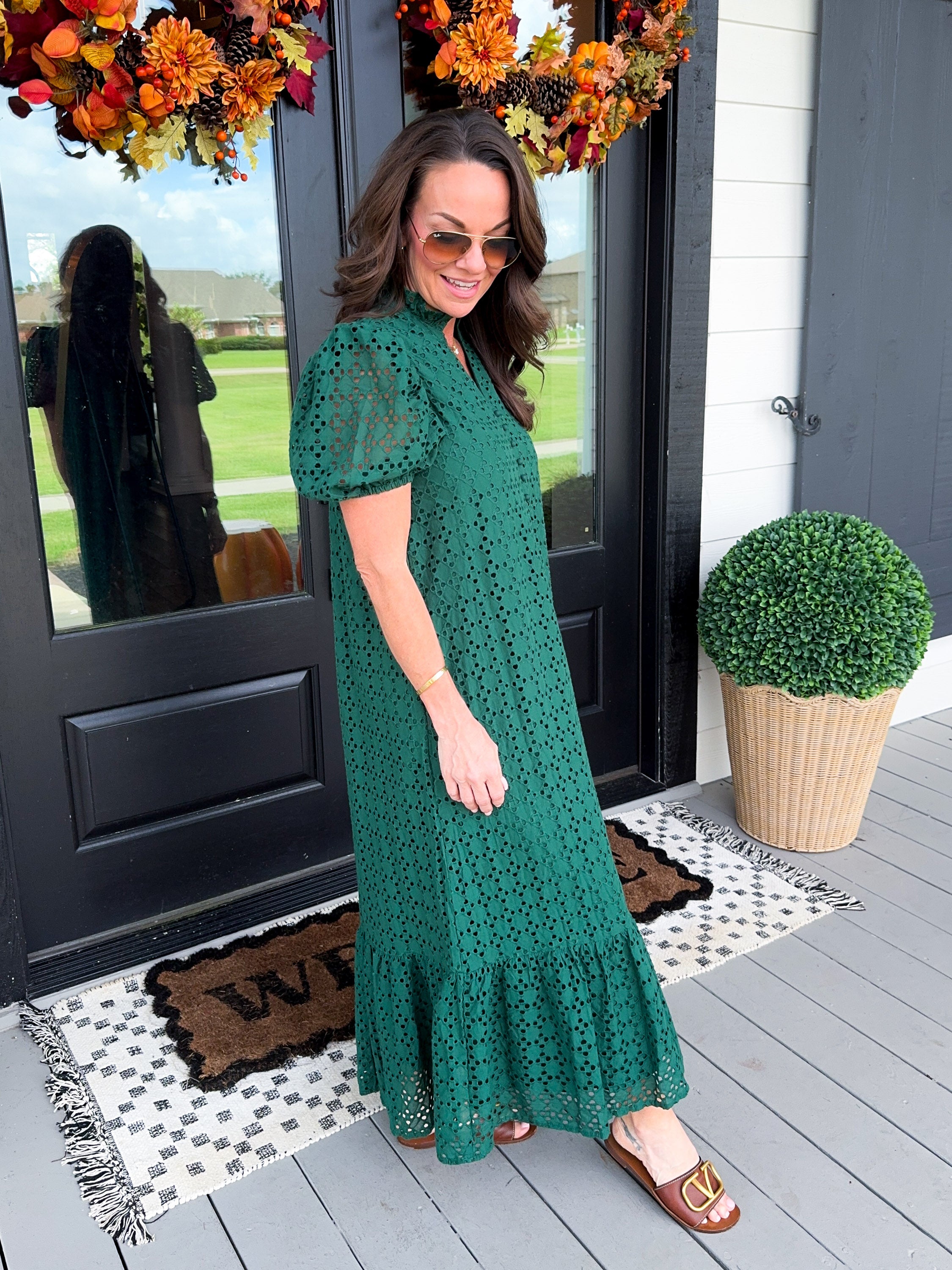 Ruffled Neck Eyelet Midi Dress in Green