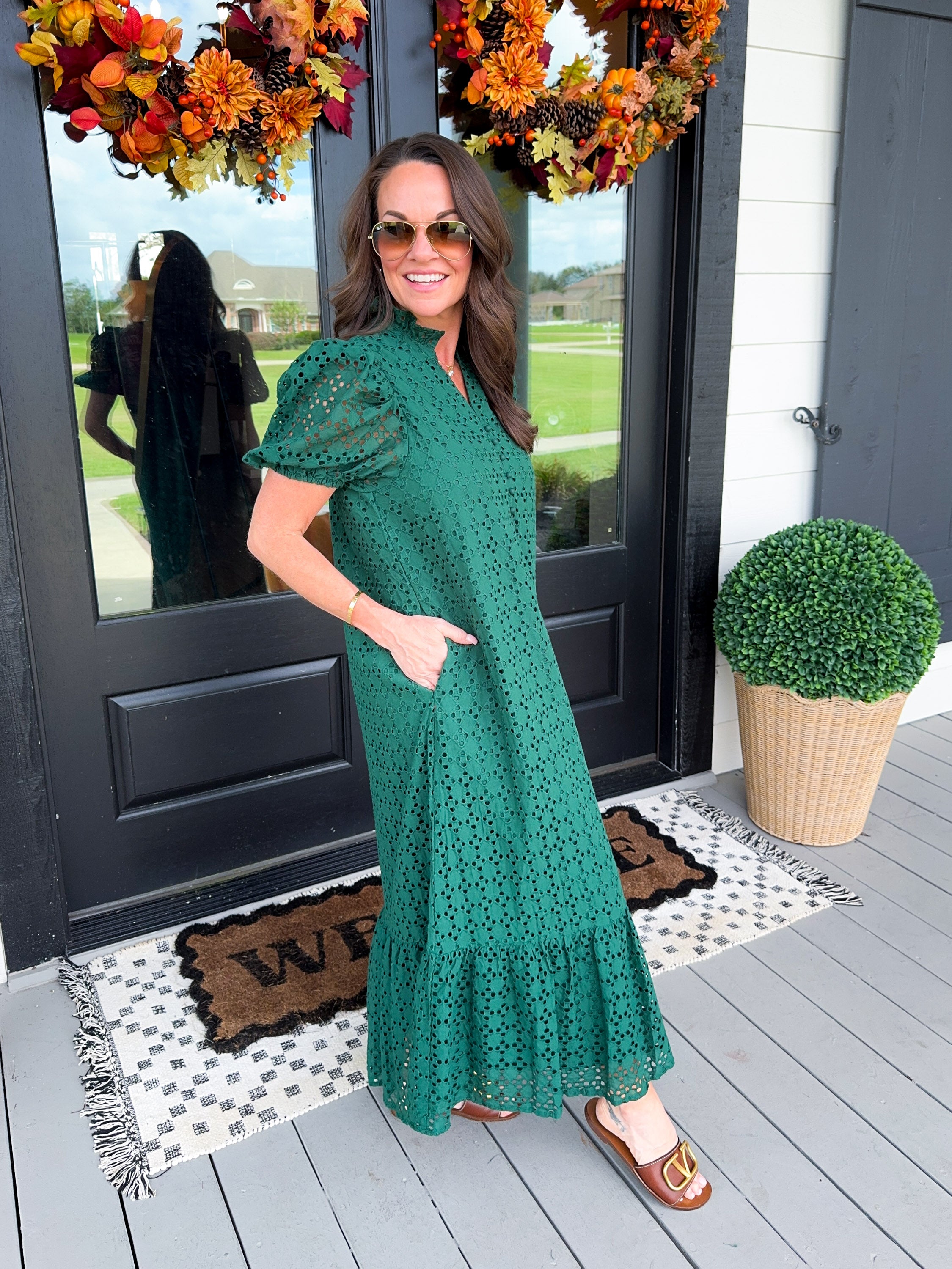 Ruffled Neck Eyelet Midi Dress in Green