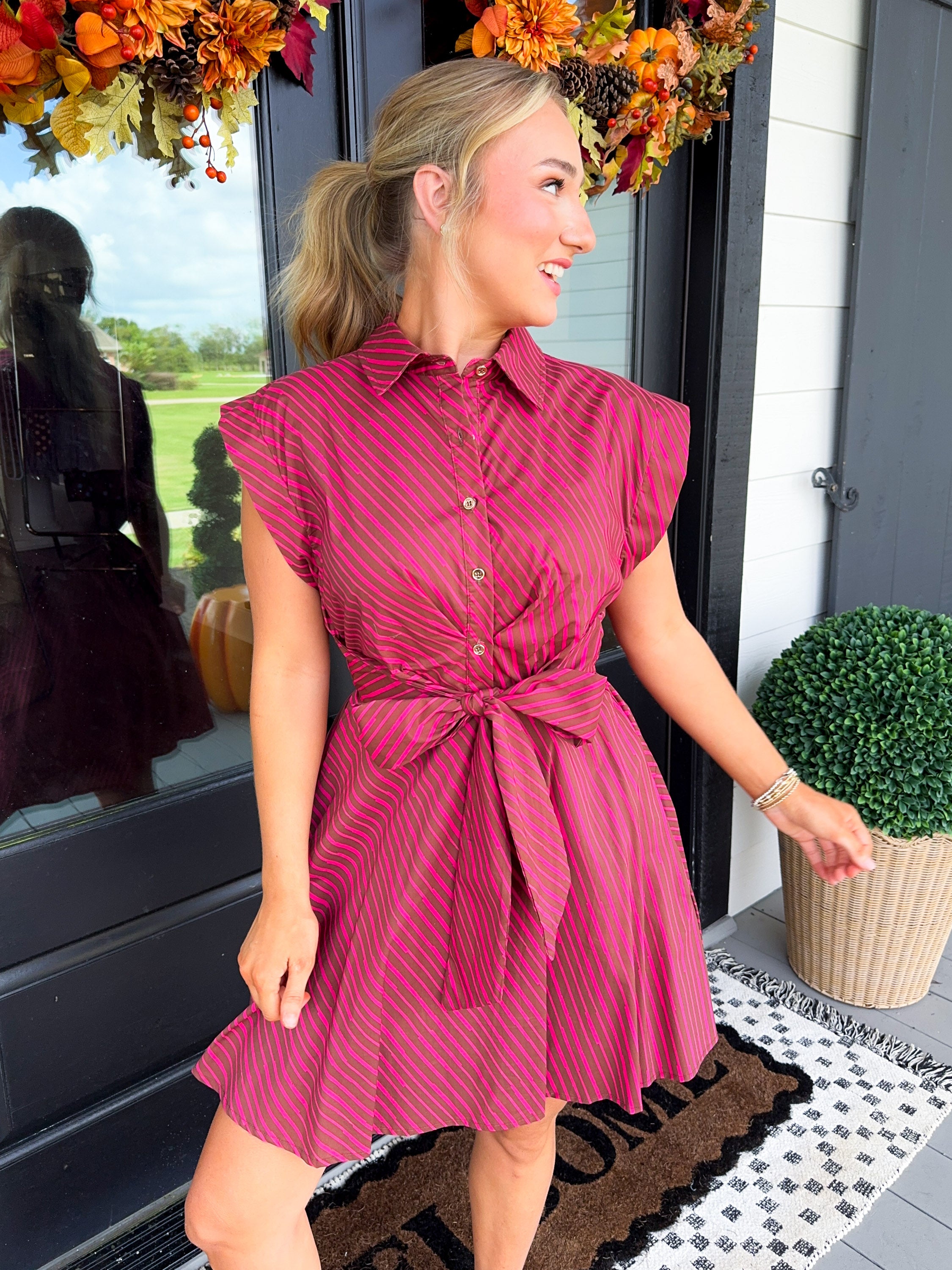 Striped Waist Tie Mini Dress