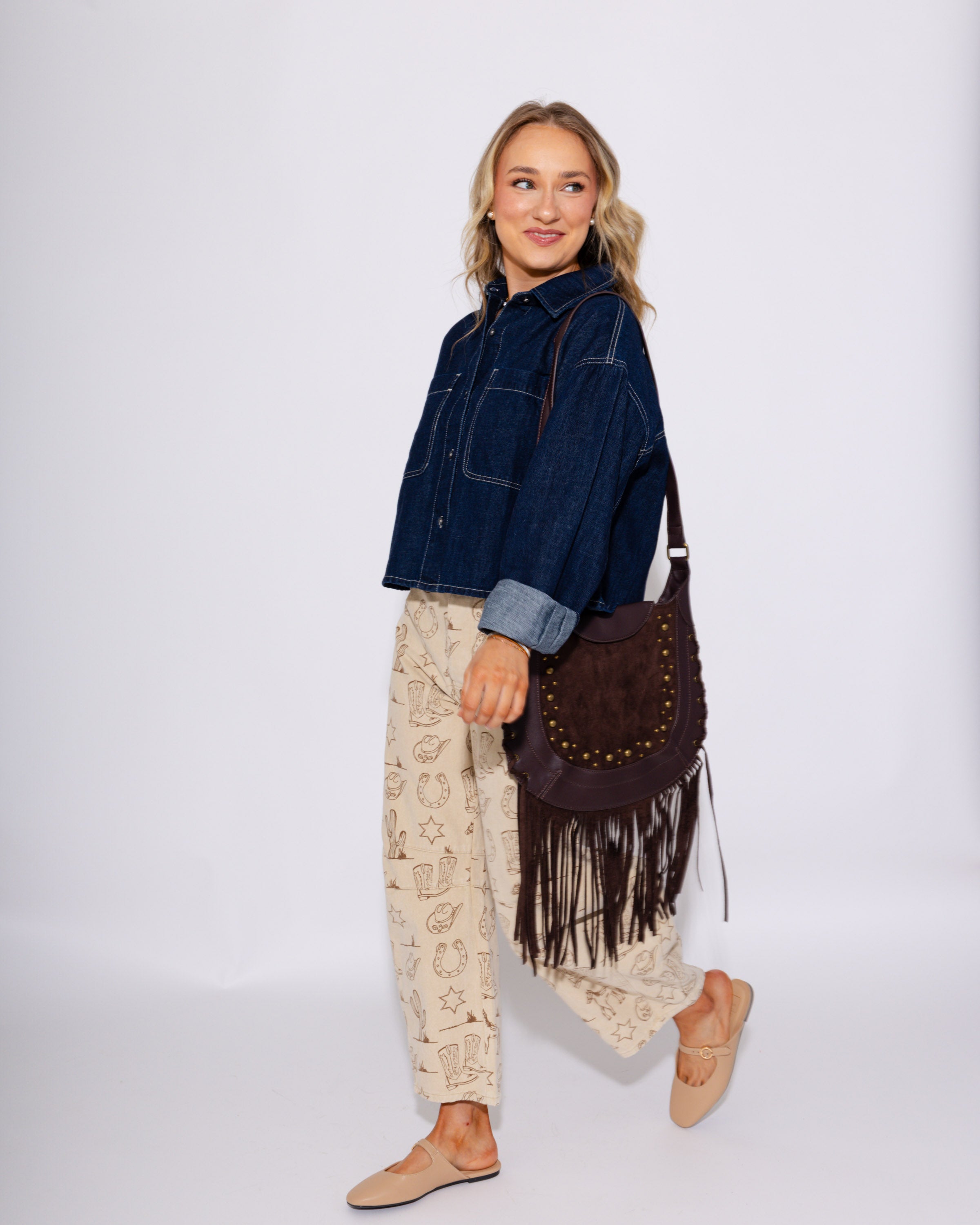 Rivet Trim Suede Fringe Shoulder Bag