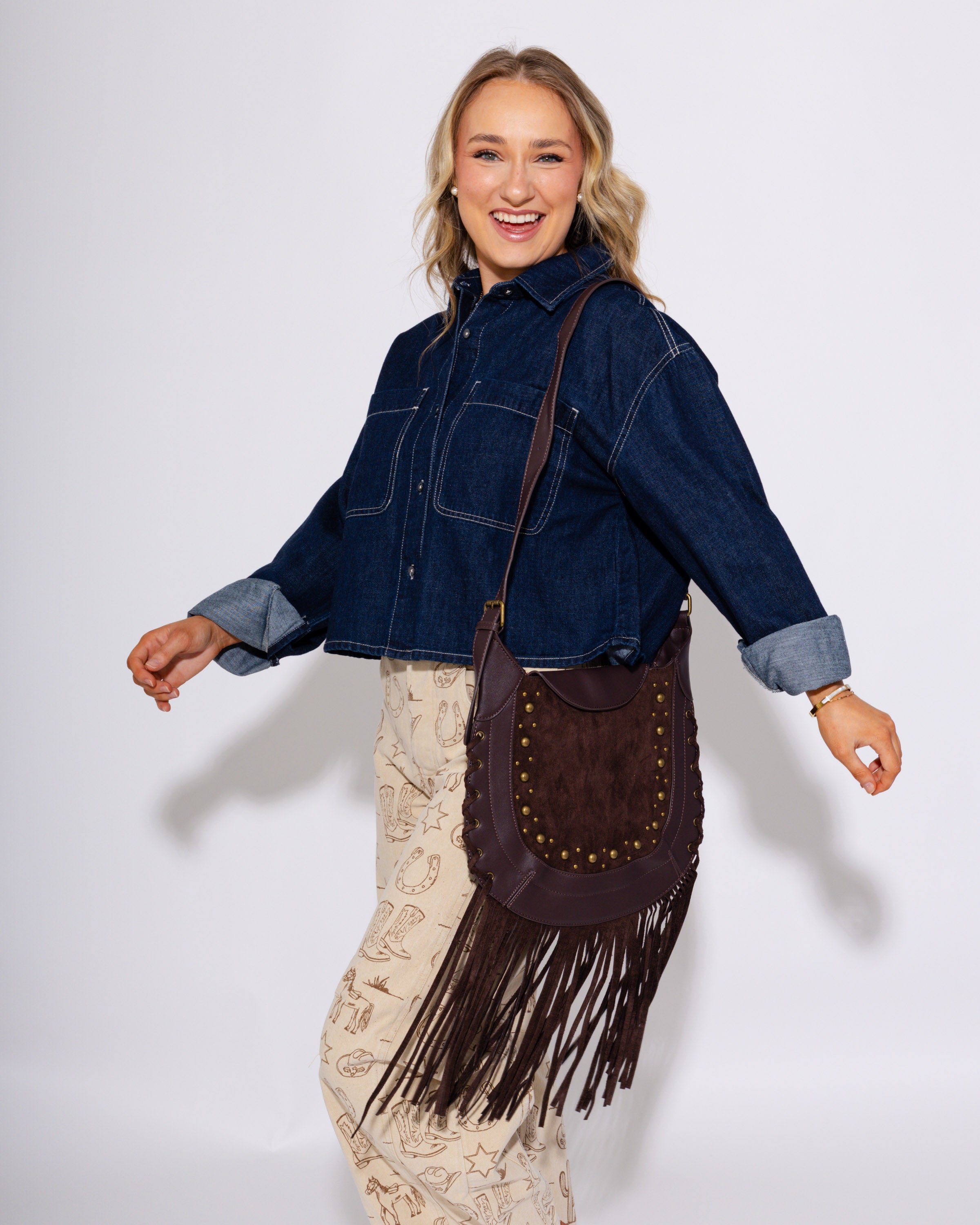 Rivet Trim Suede Fringe Shoulder Bag