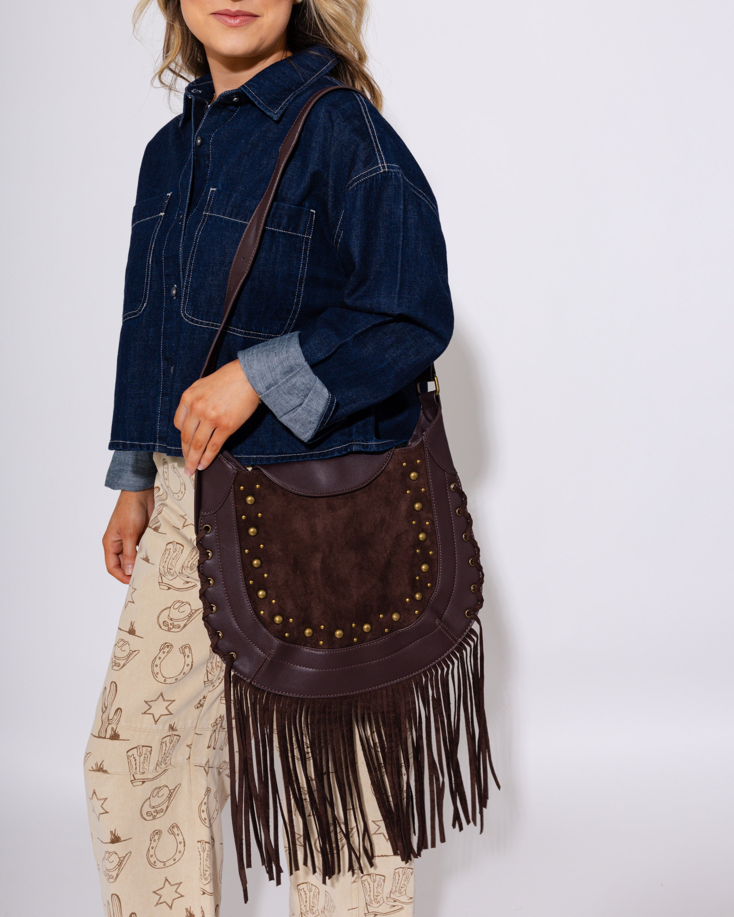Rivet Trim Suede Fringe Shoulder Bag