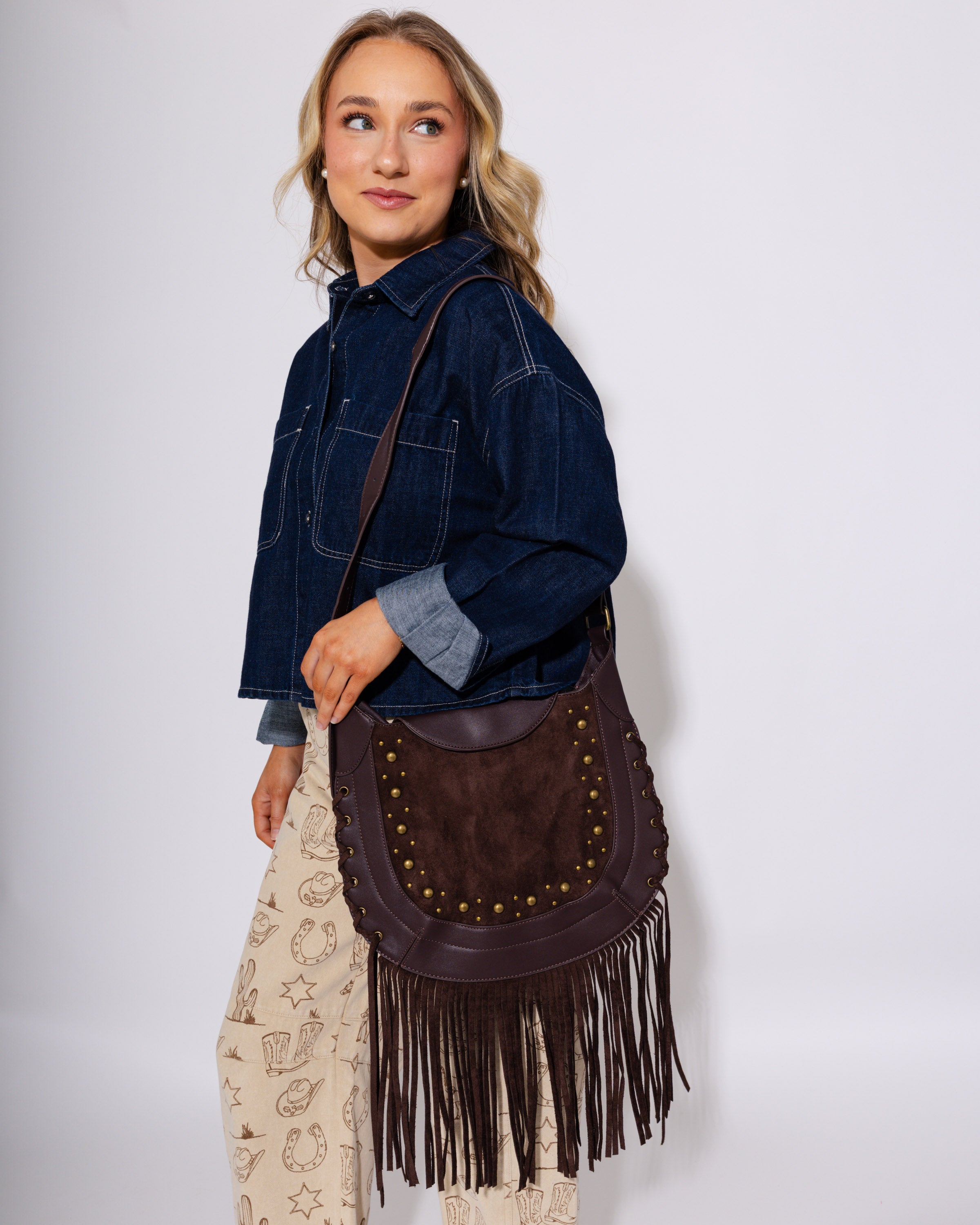 Rivet Trim Suede Fringe Shoulder Bag