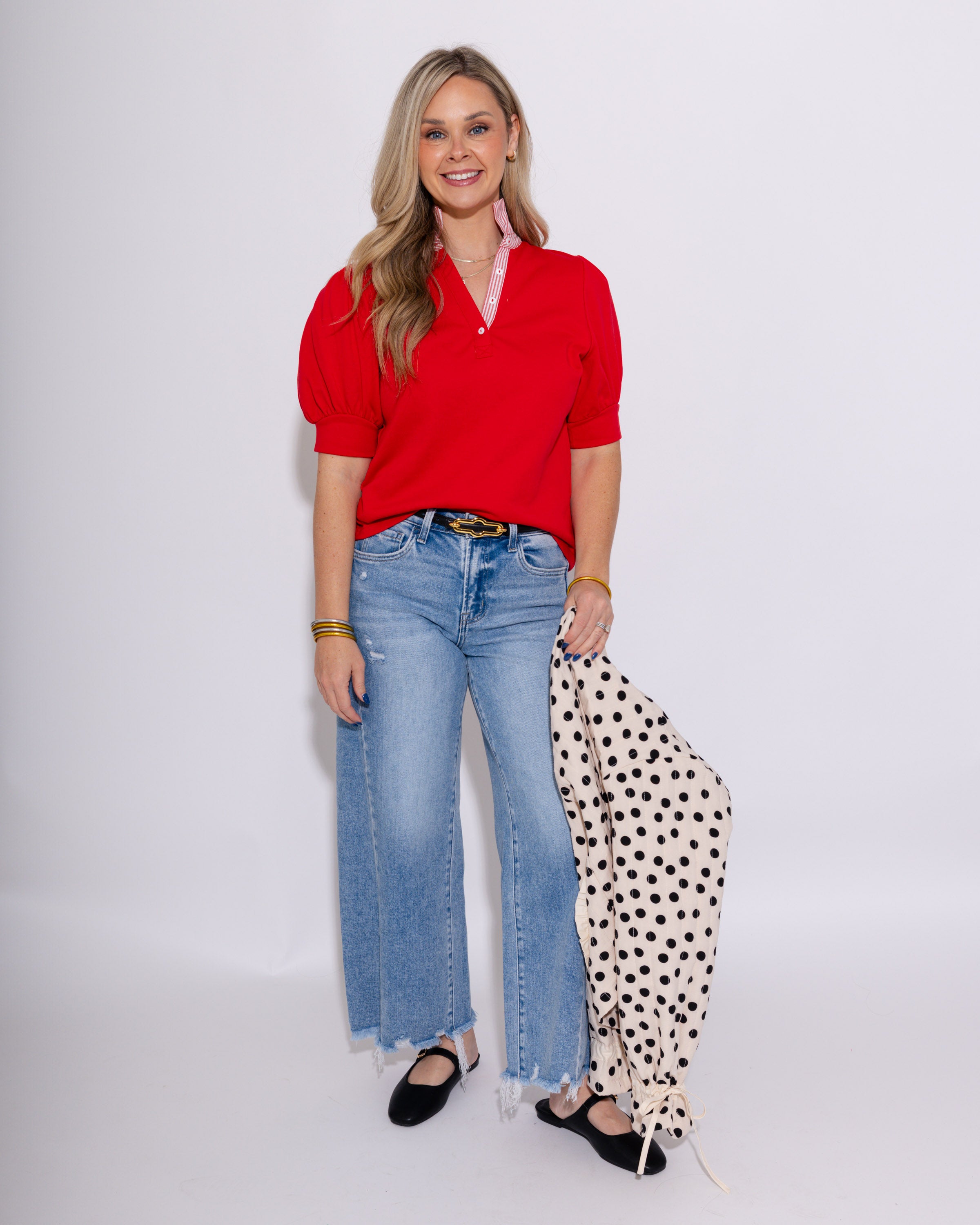 Striped and Solid Ruffled Neck Top in Red