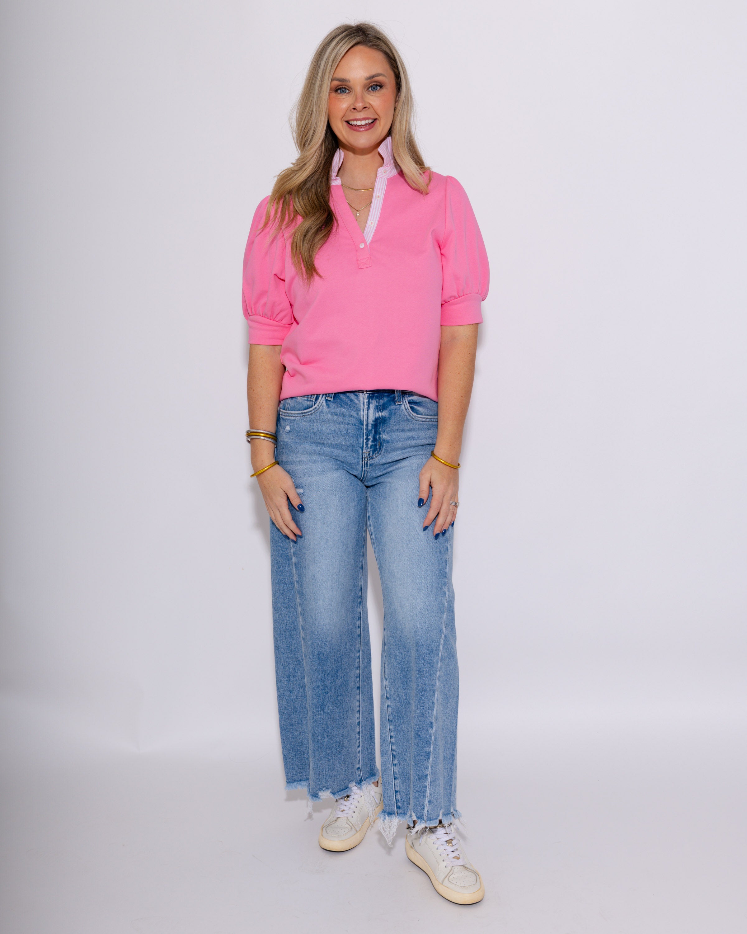 Striped and Solid Ruffled Neck Top in Pink