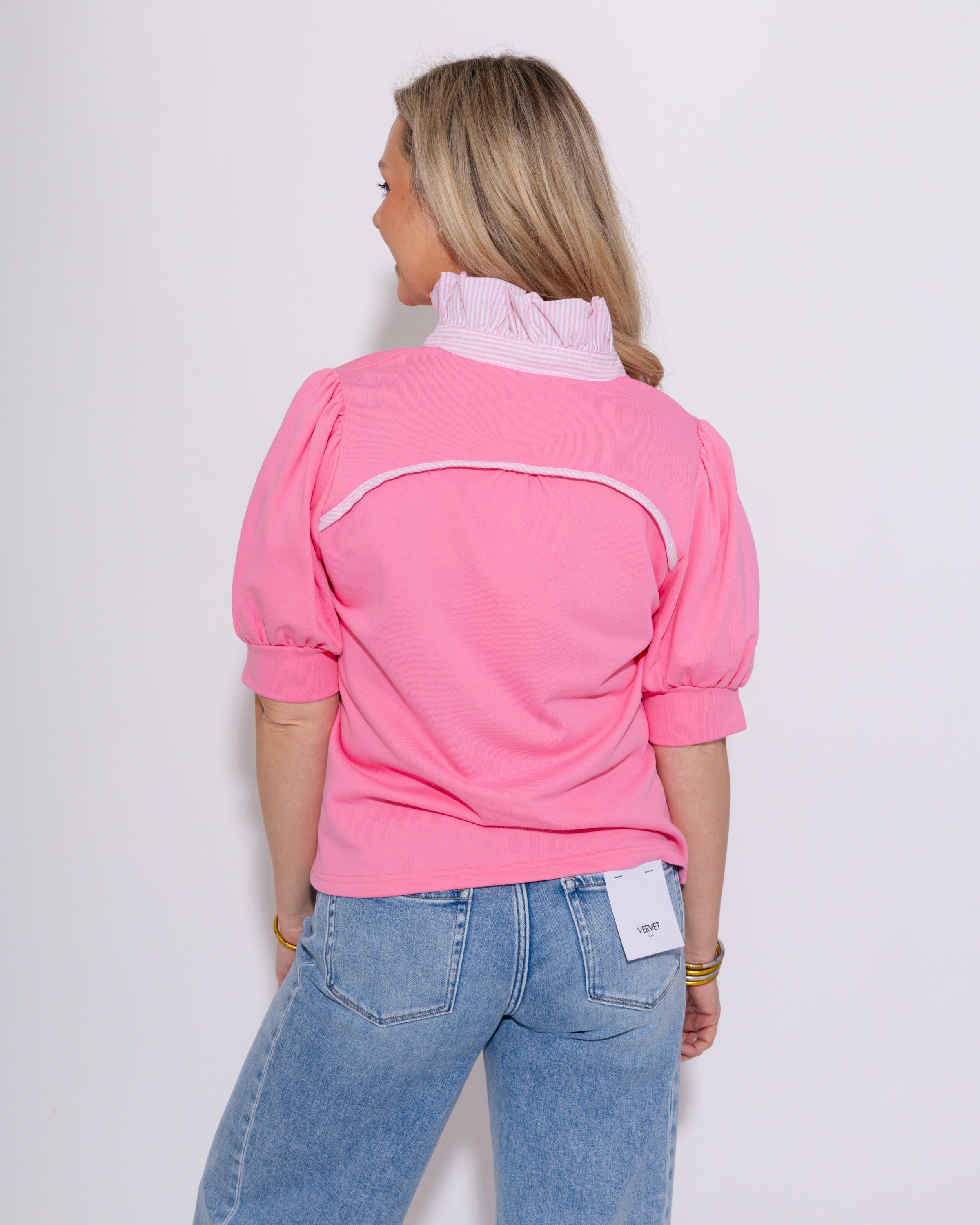 Striped and Solid Ruffled Neck Top in Pink