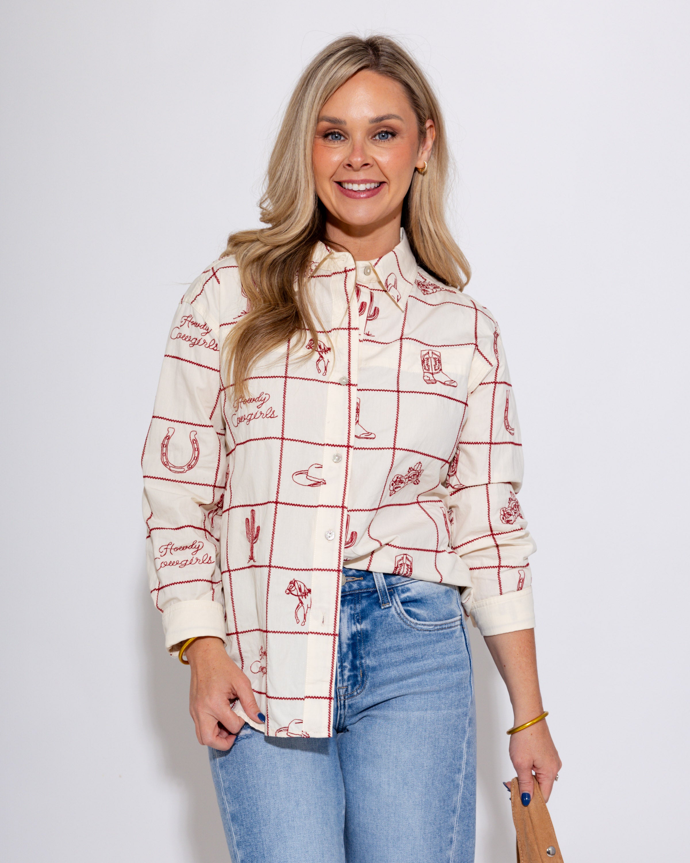 Embroidered Western Grid Button-Up Top