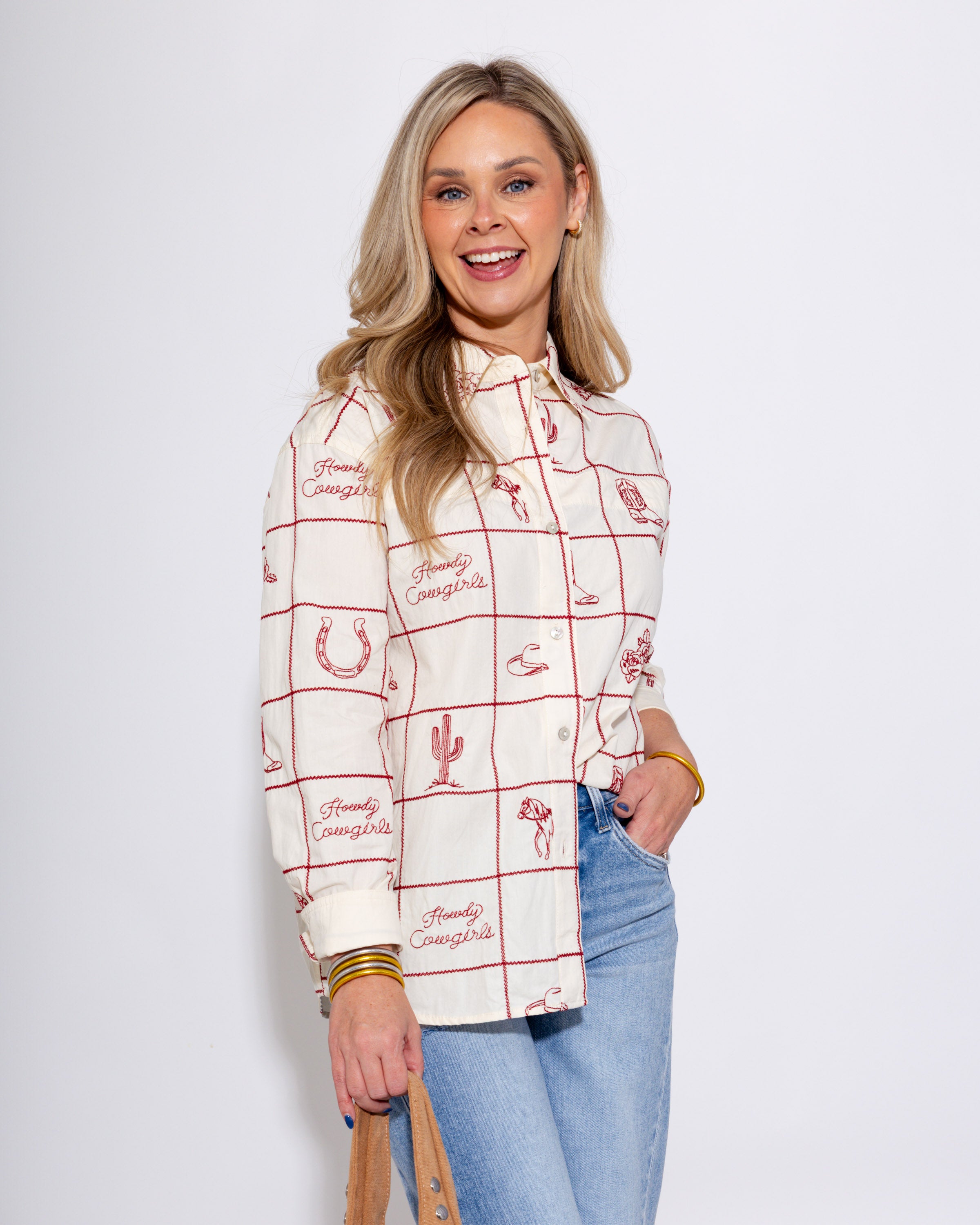 Embroidered Western Grid Button-Up Top