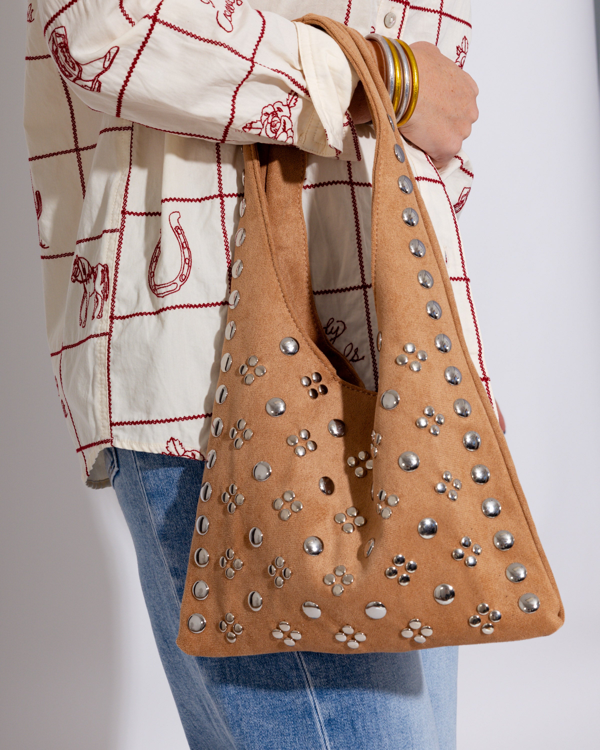 Leather Studded Bag in Khaki