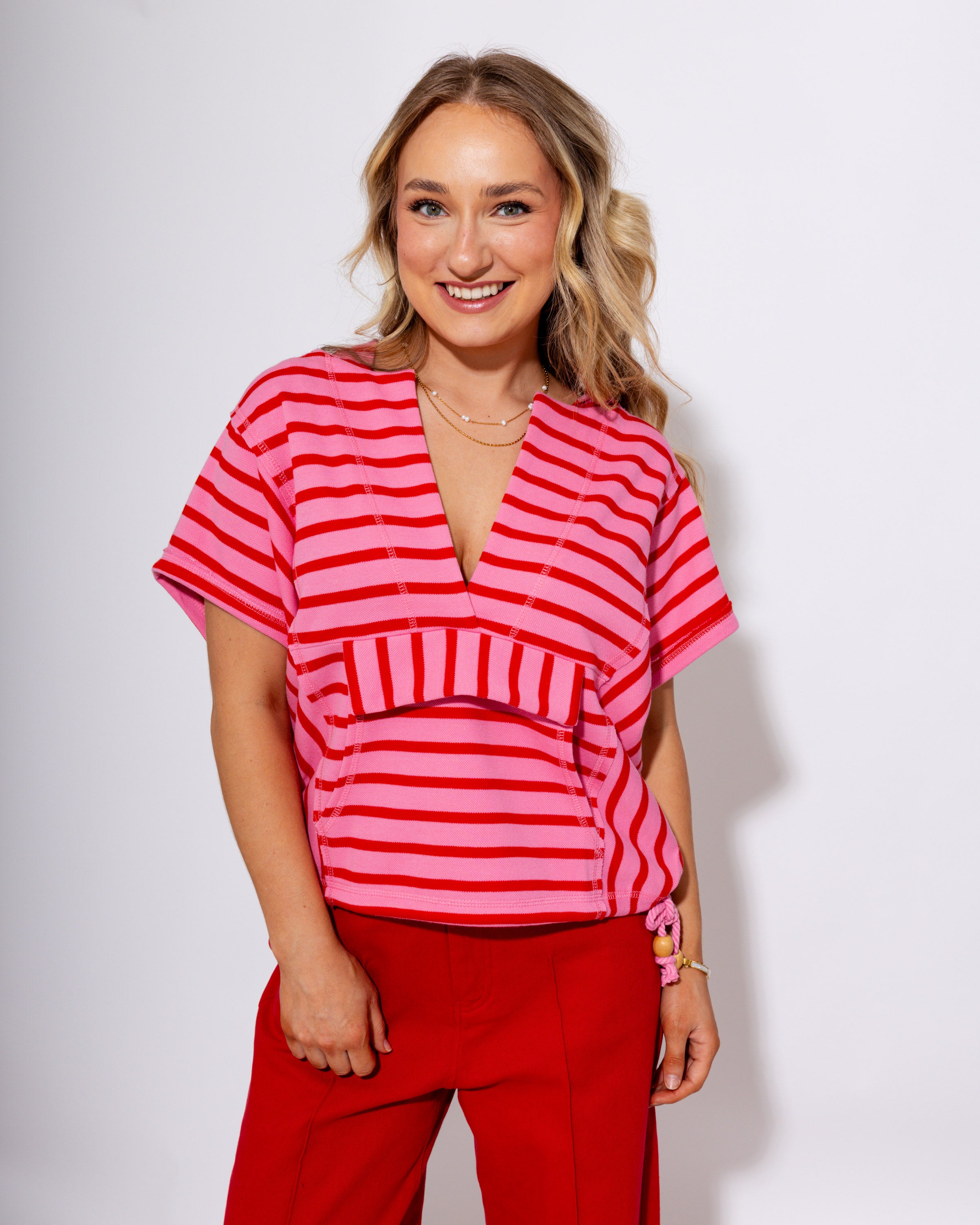 Striped Split Front Pocket Hoodie Top