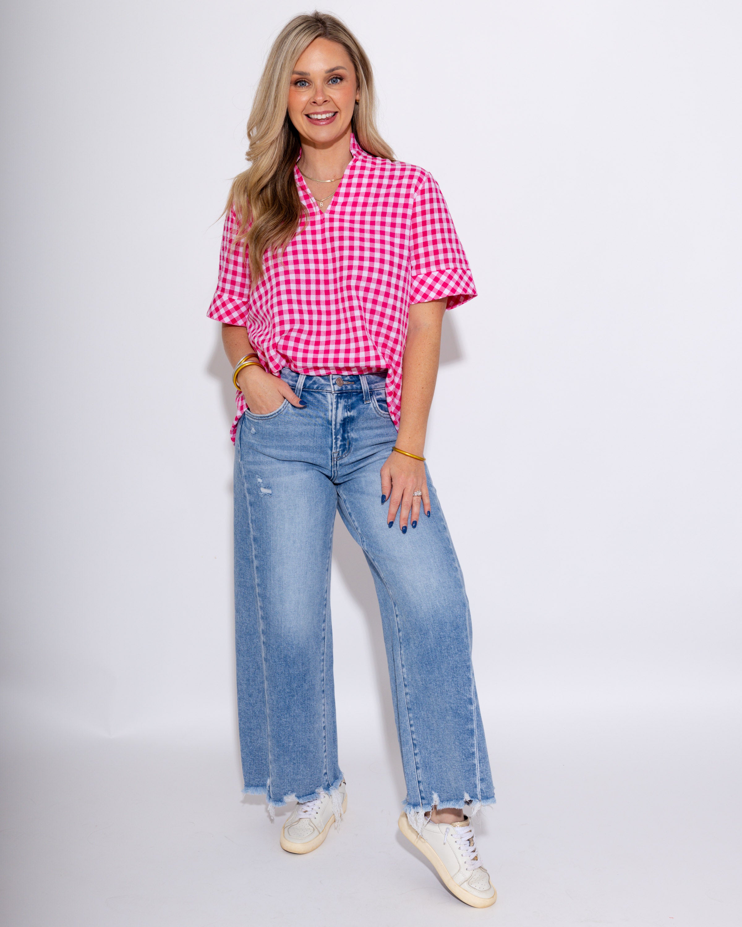Sweet & Classic Gingham Top in Hot Pink