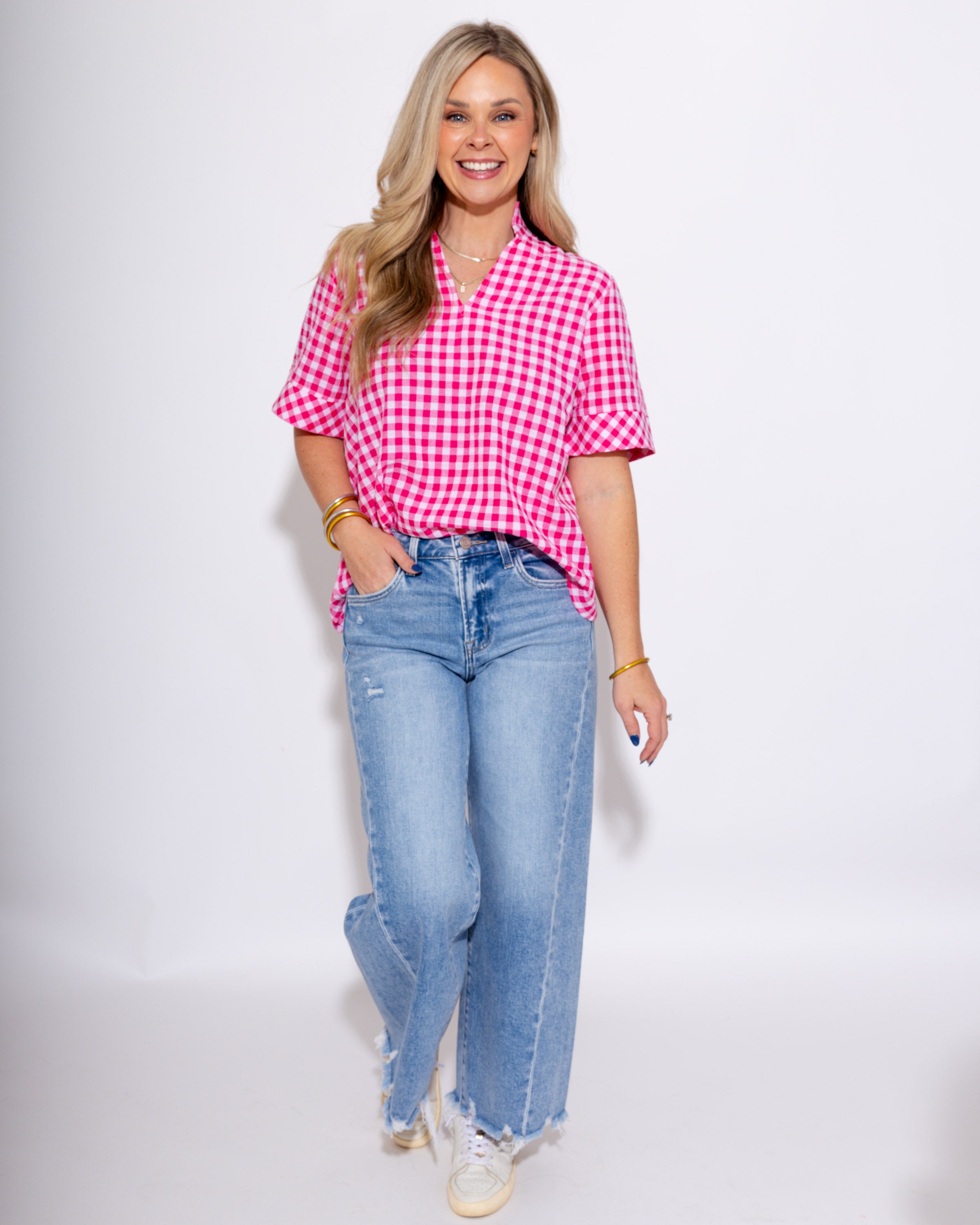 Sweet & Classic Gingham Top in Hot Pink