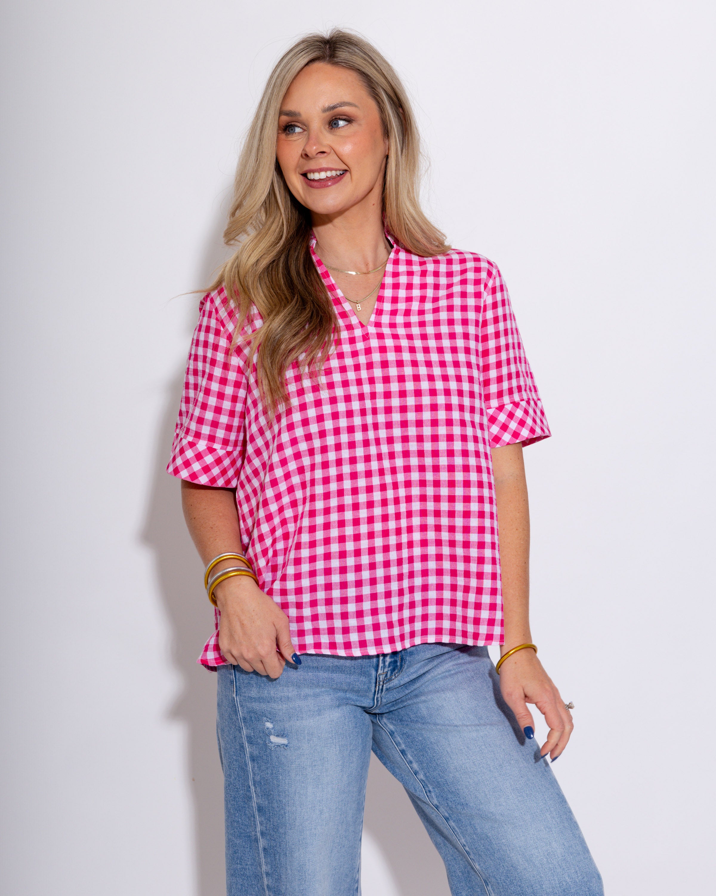 Sweet & Classic Gingham Top in Hot Pink