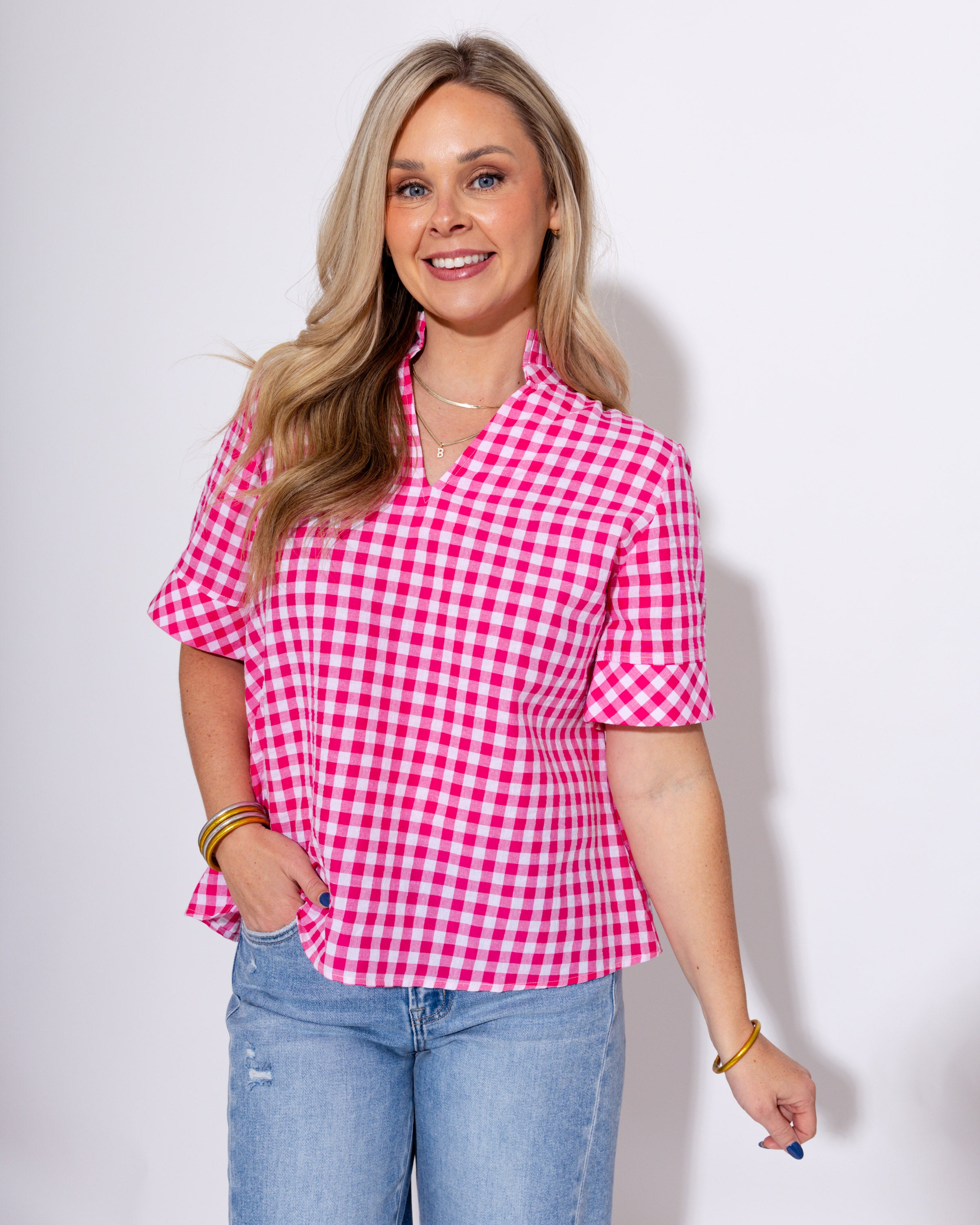 Sweet & Classic Gingham Top in Hot Pink