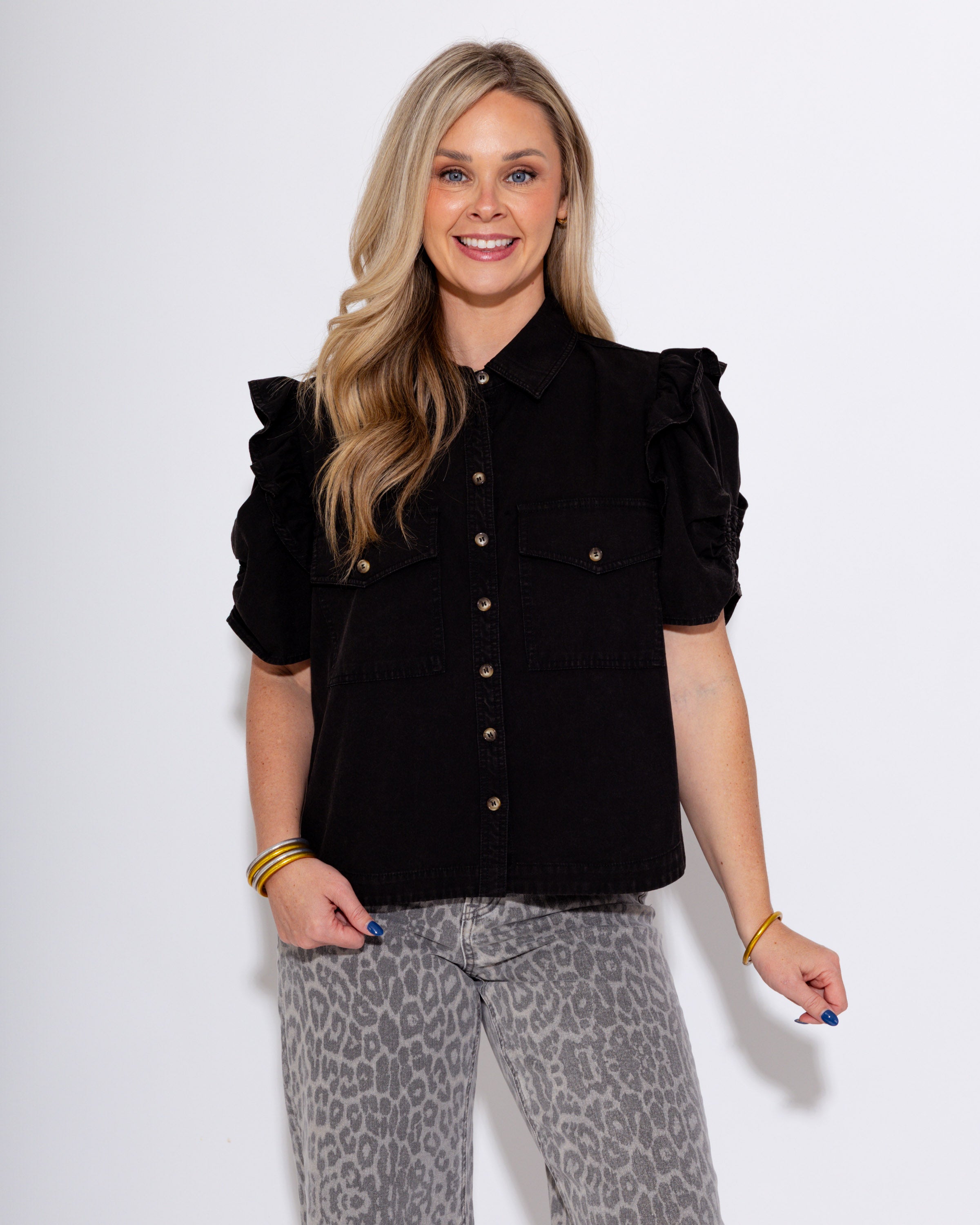 Ruched and Ruffled Button Up Top