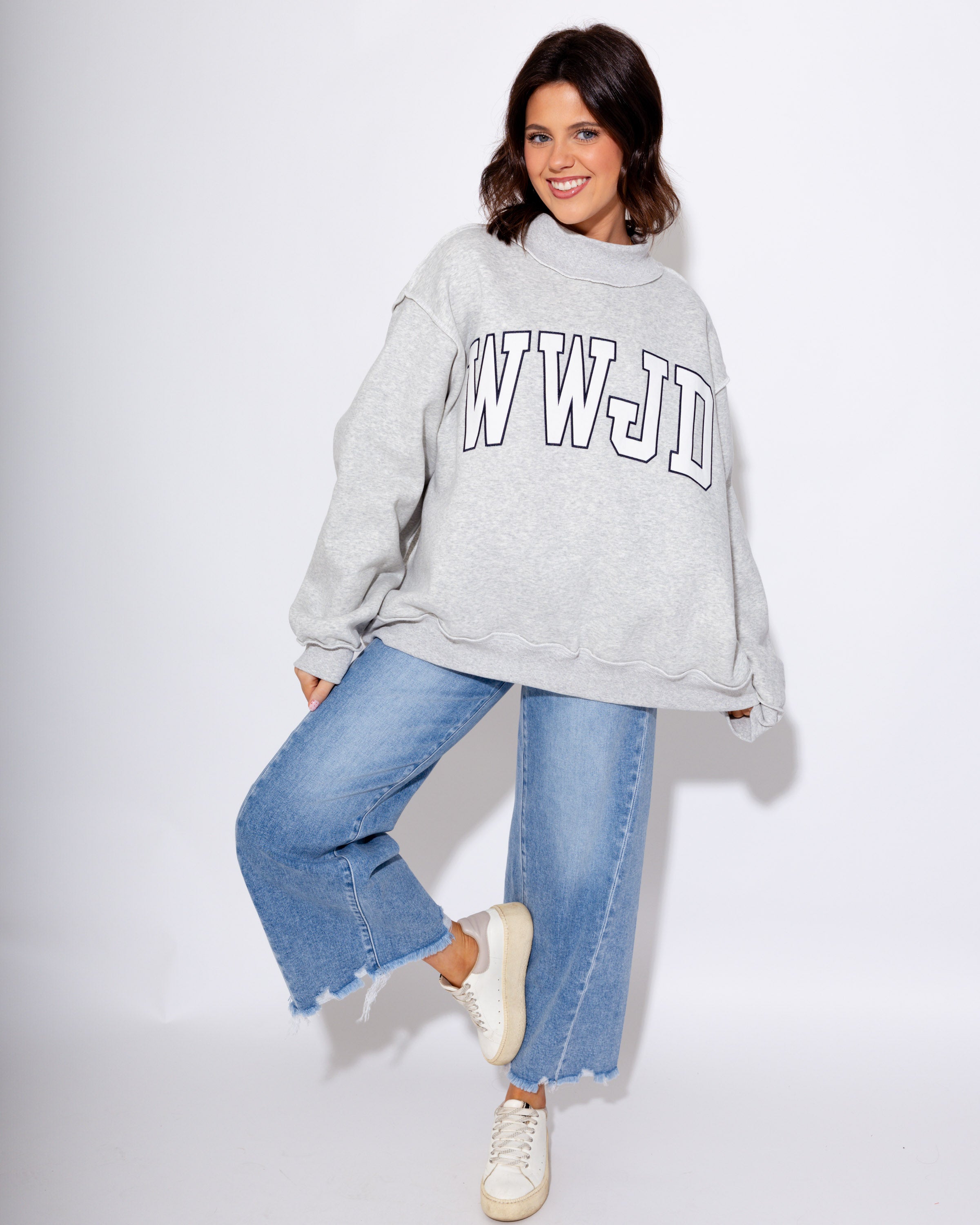 WWJD Embroidered Mock Neck Sweatshirt