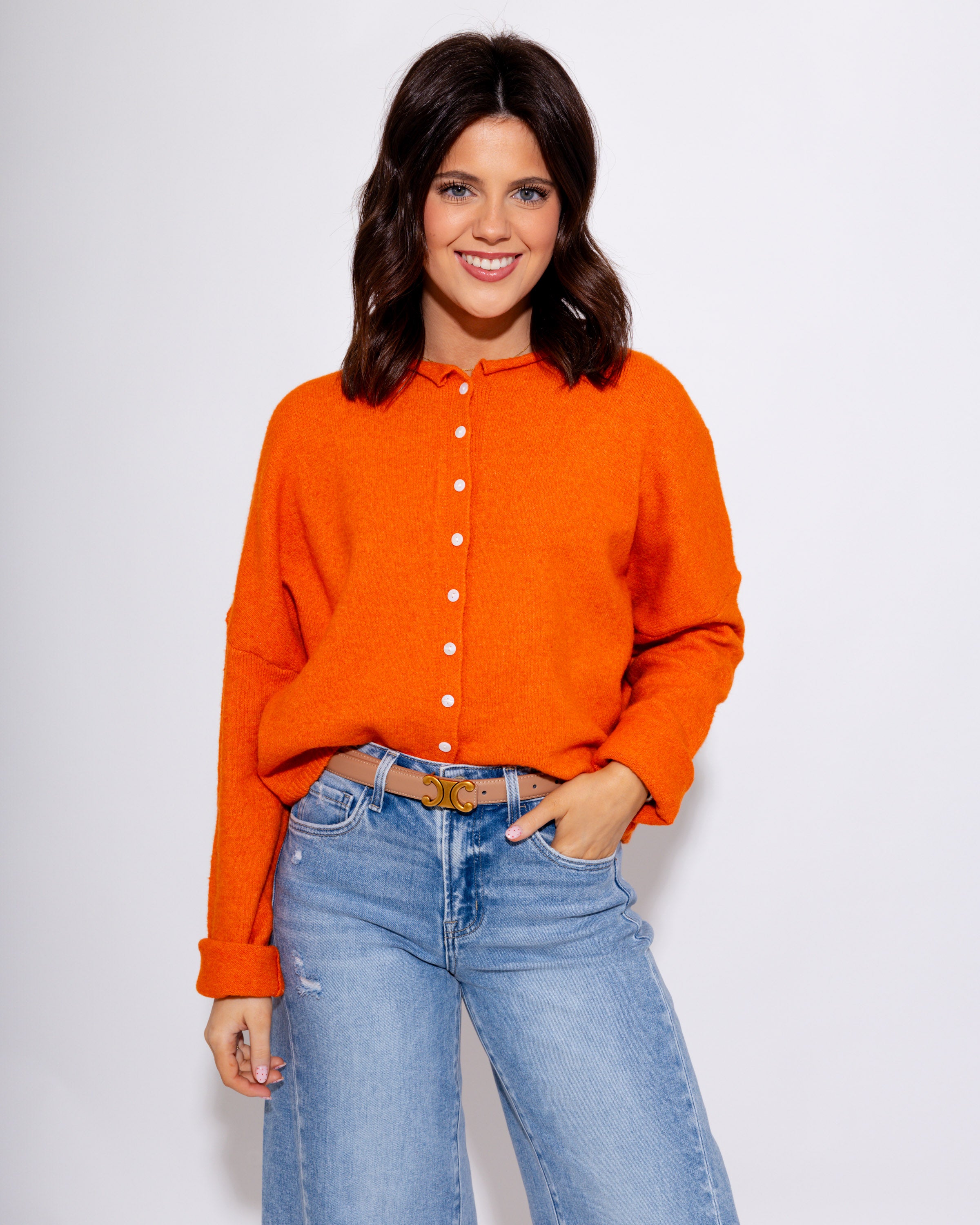 Classic Button Up Cardigan in Orange