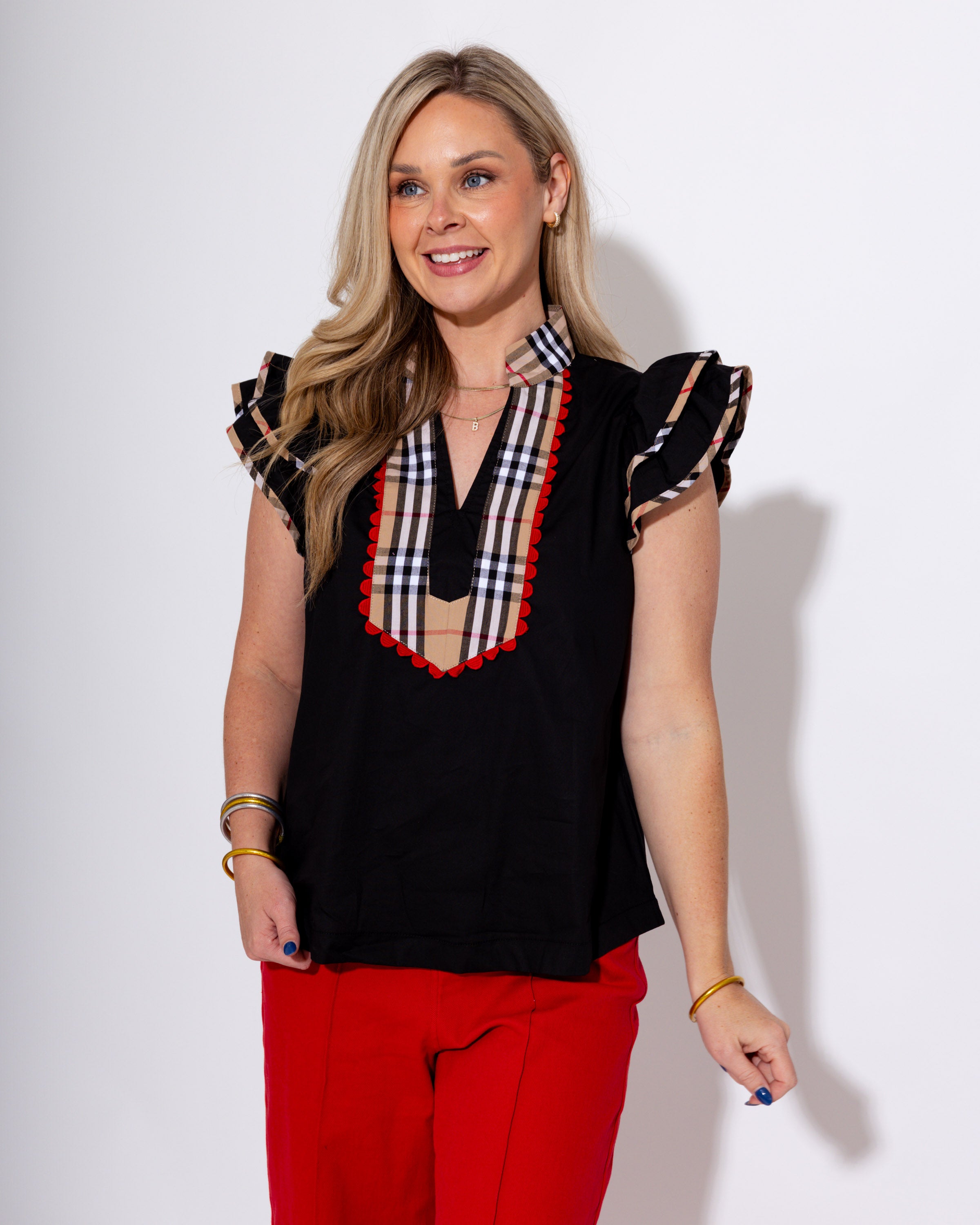 Plaid Contrast Scallop Trim Top