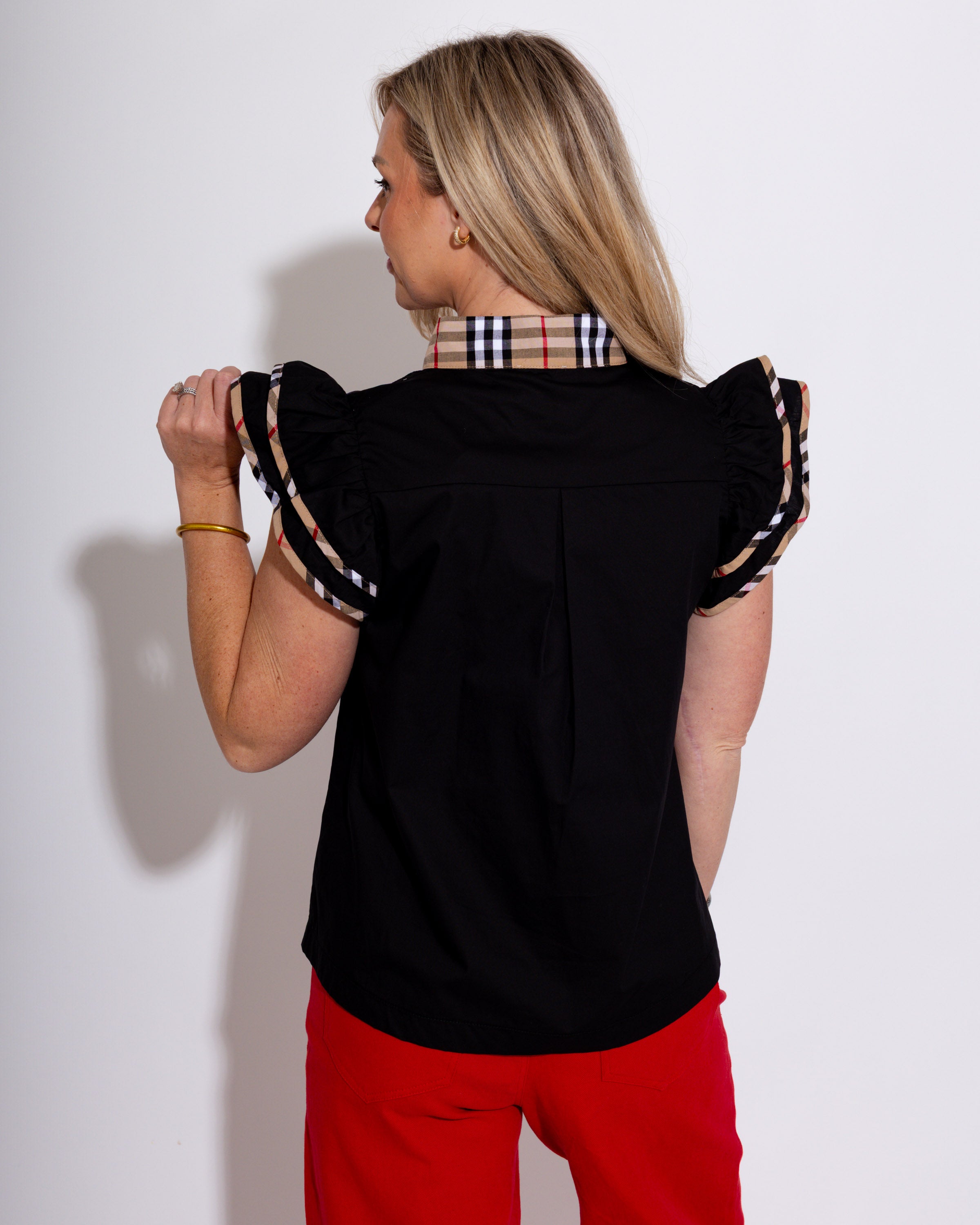 Plaid Contrast Scallop Trim Top