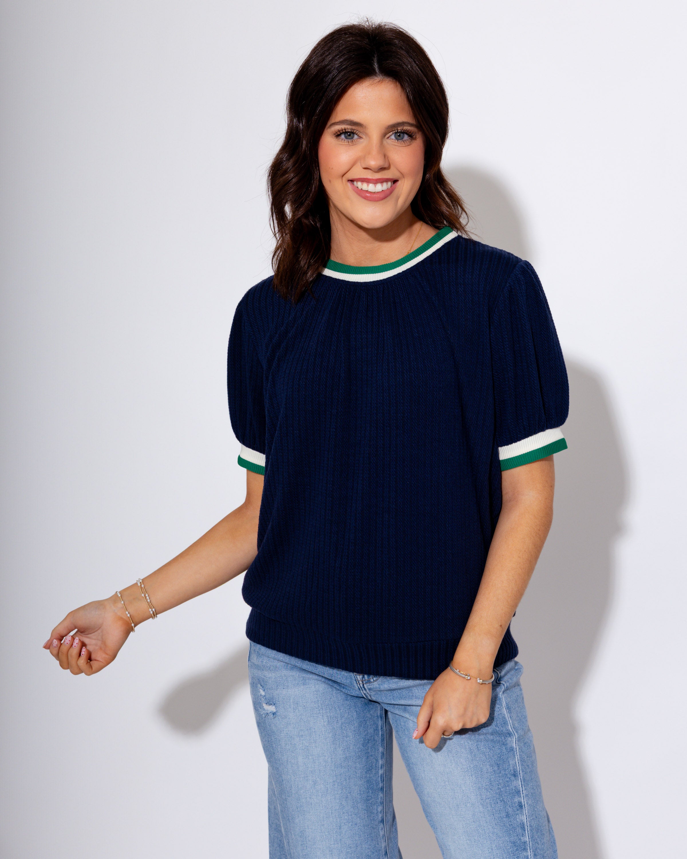 Puff Sleeve Knit Top in Navy