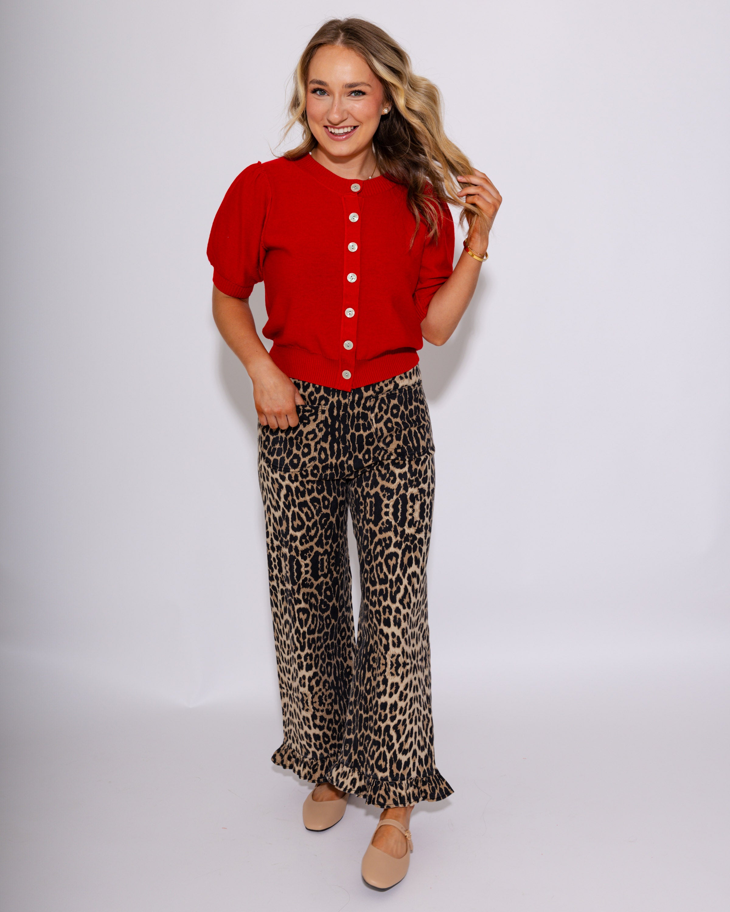 High Rise Leopard Ruffle Hem Pants