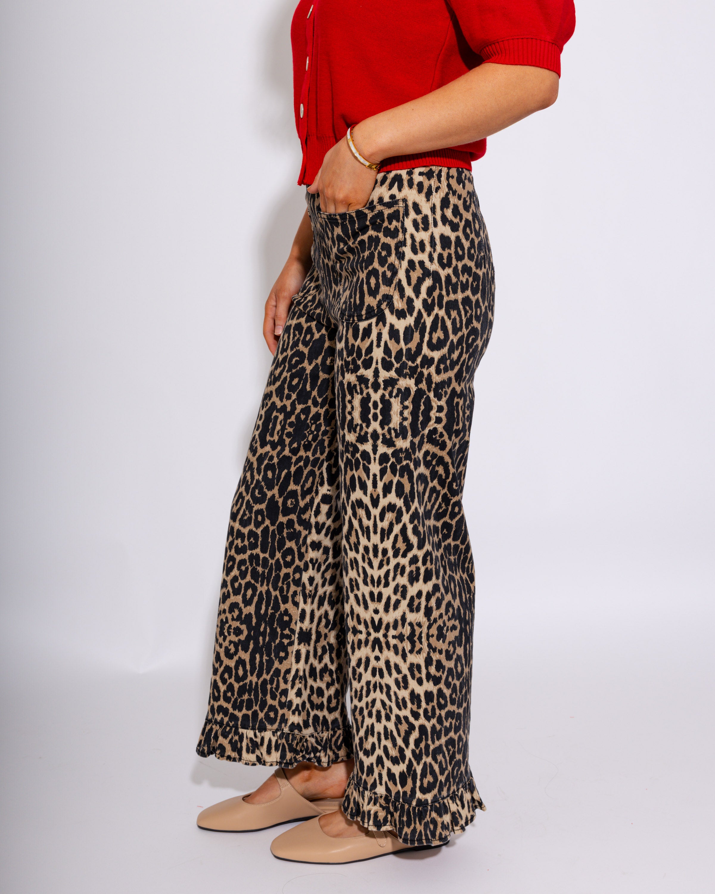 High Rise Leopard Ruffle Hem Pants