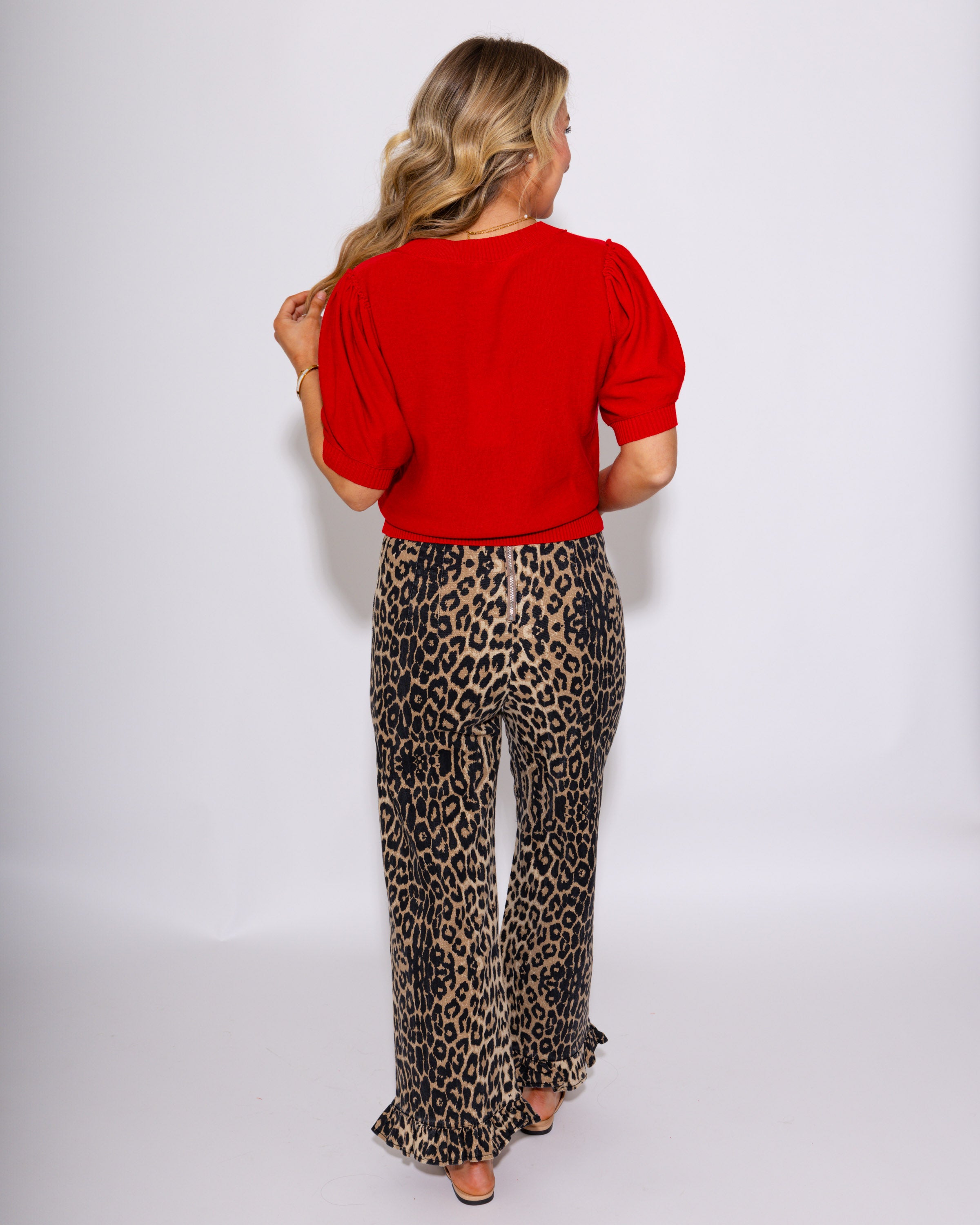 High Rise Leopard Ruffle Hem Pants