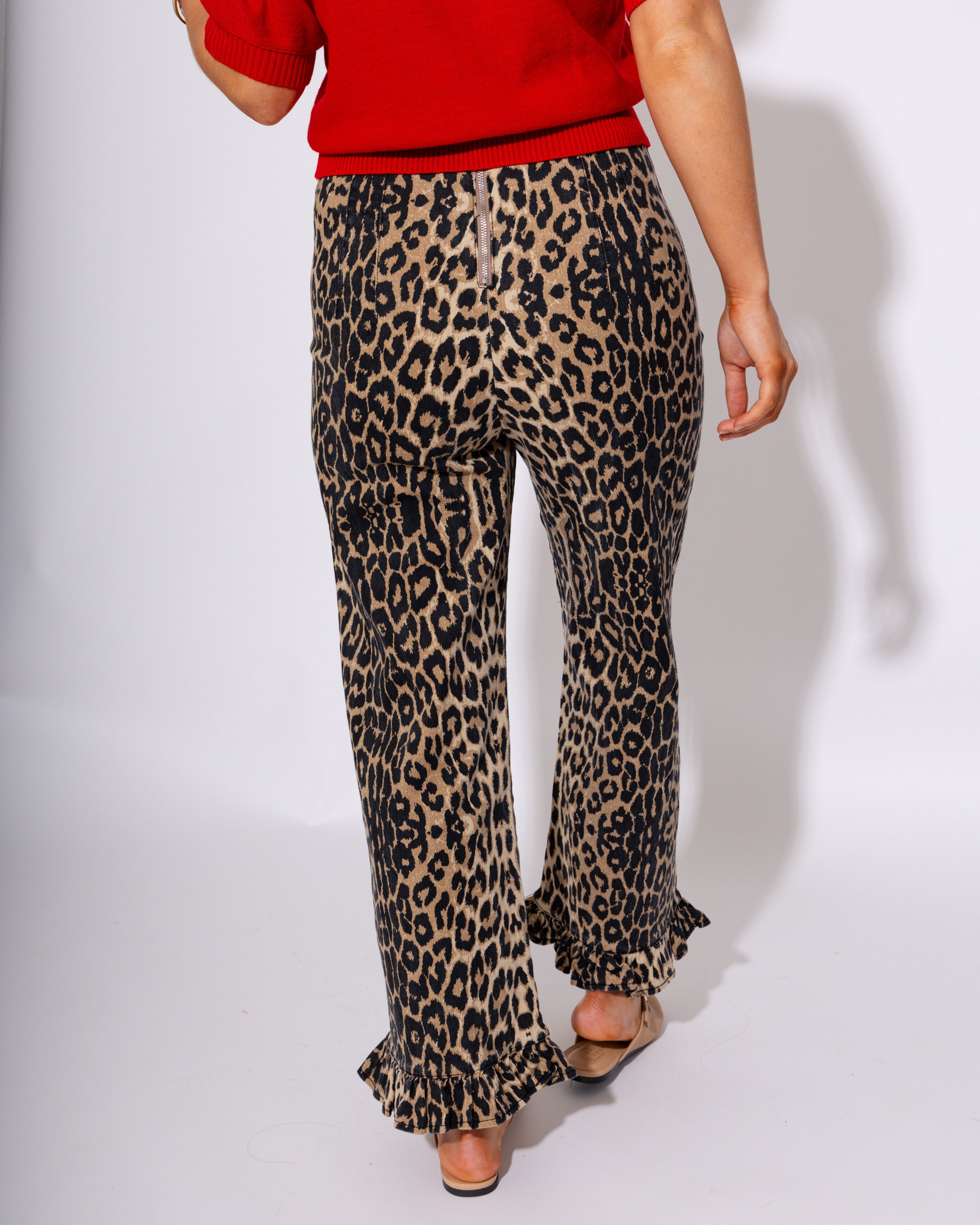 High Rise Leopard Ruffle Hem Pants