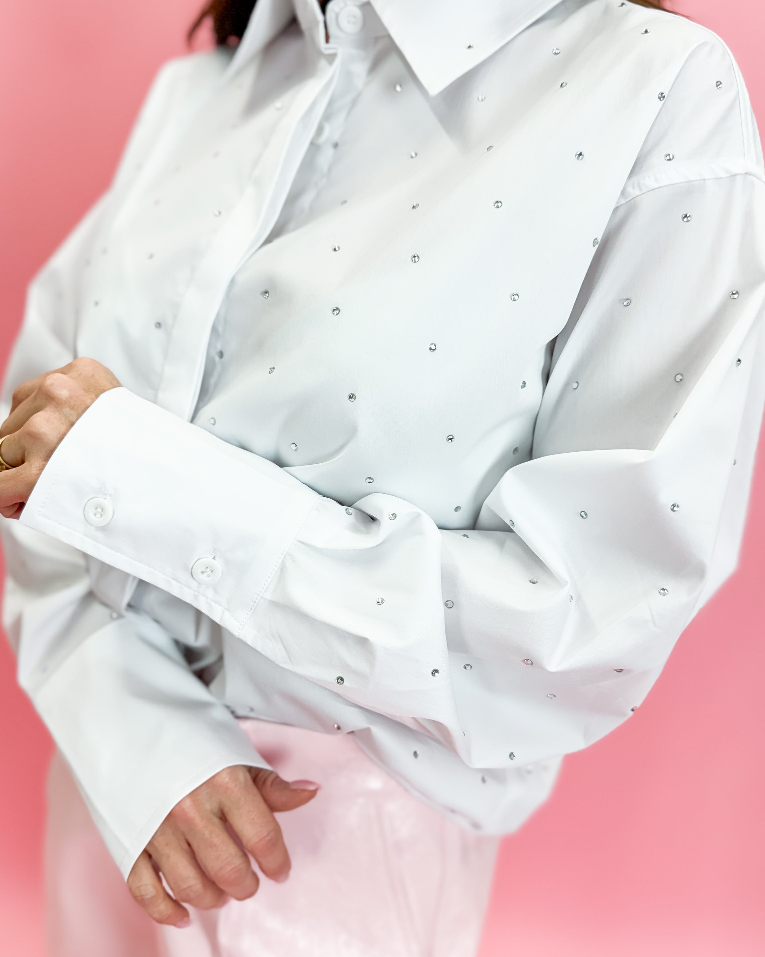 Rhinestone Poplin Cotton Rhinestone Studded Gem Sparkle Button-Up