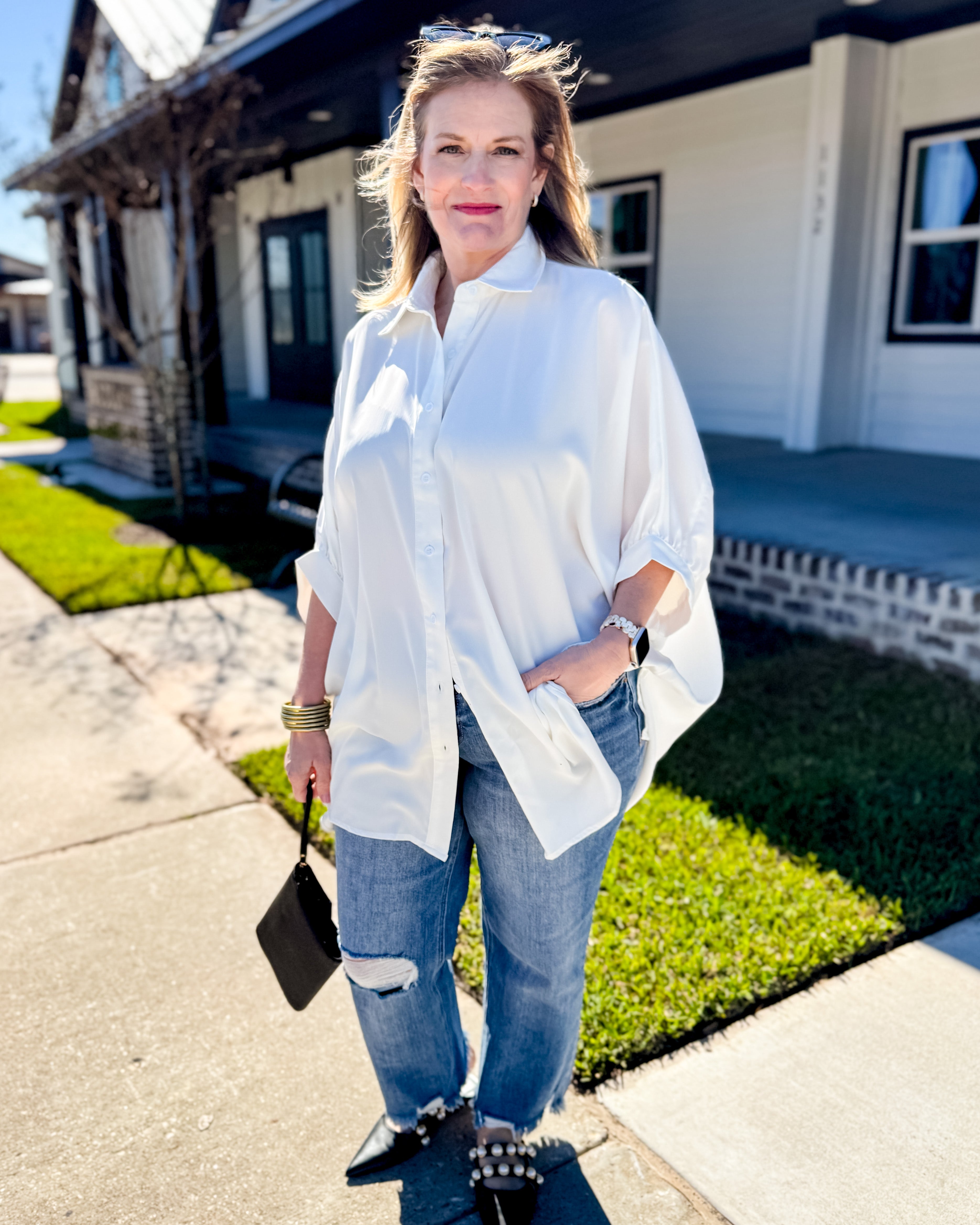 Solid Button Down Flowy Top in White
