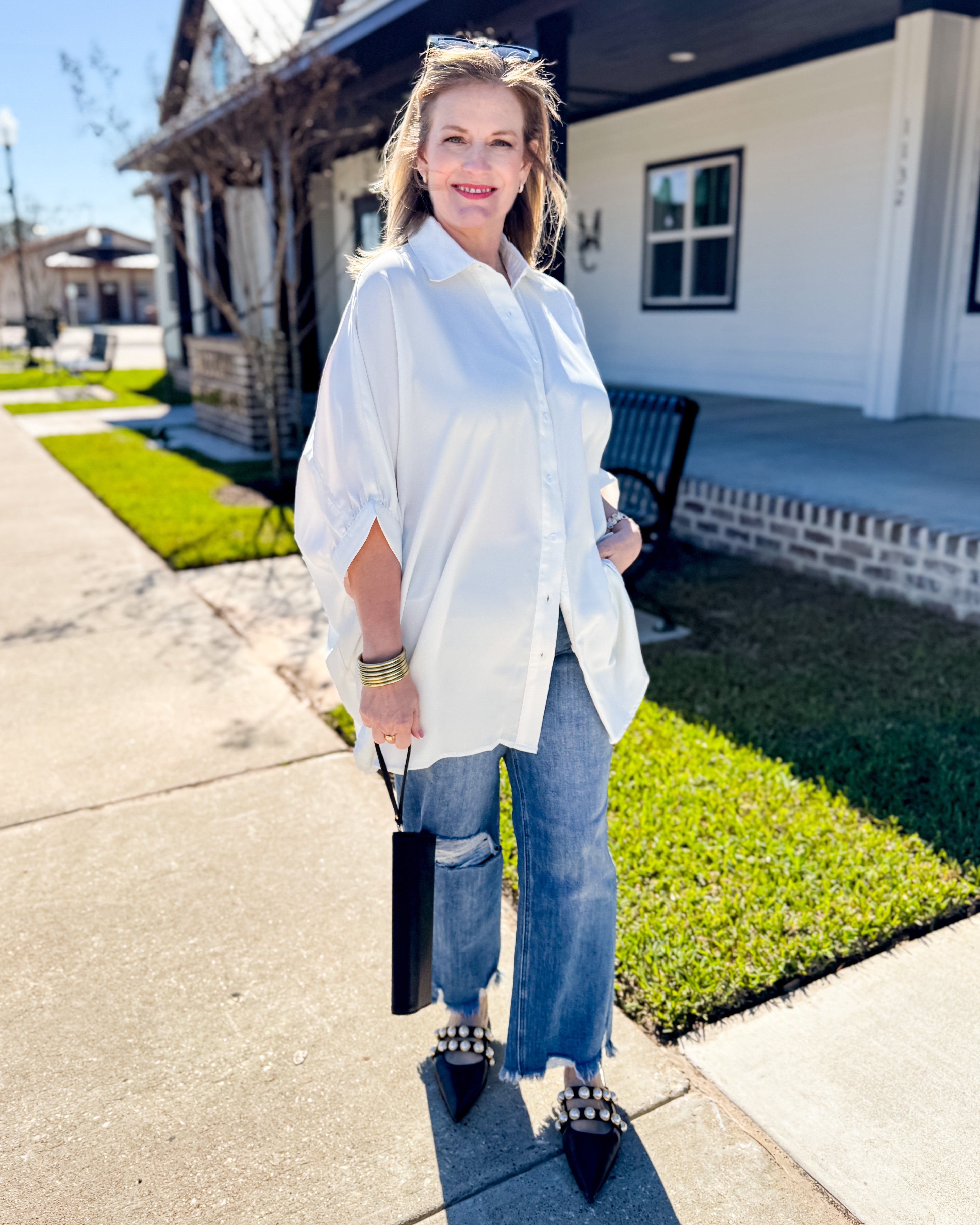 Solid Button Down Flowy Top in White