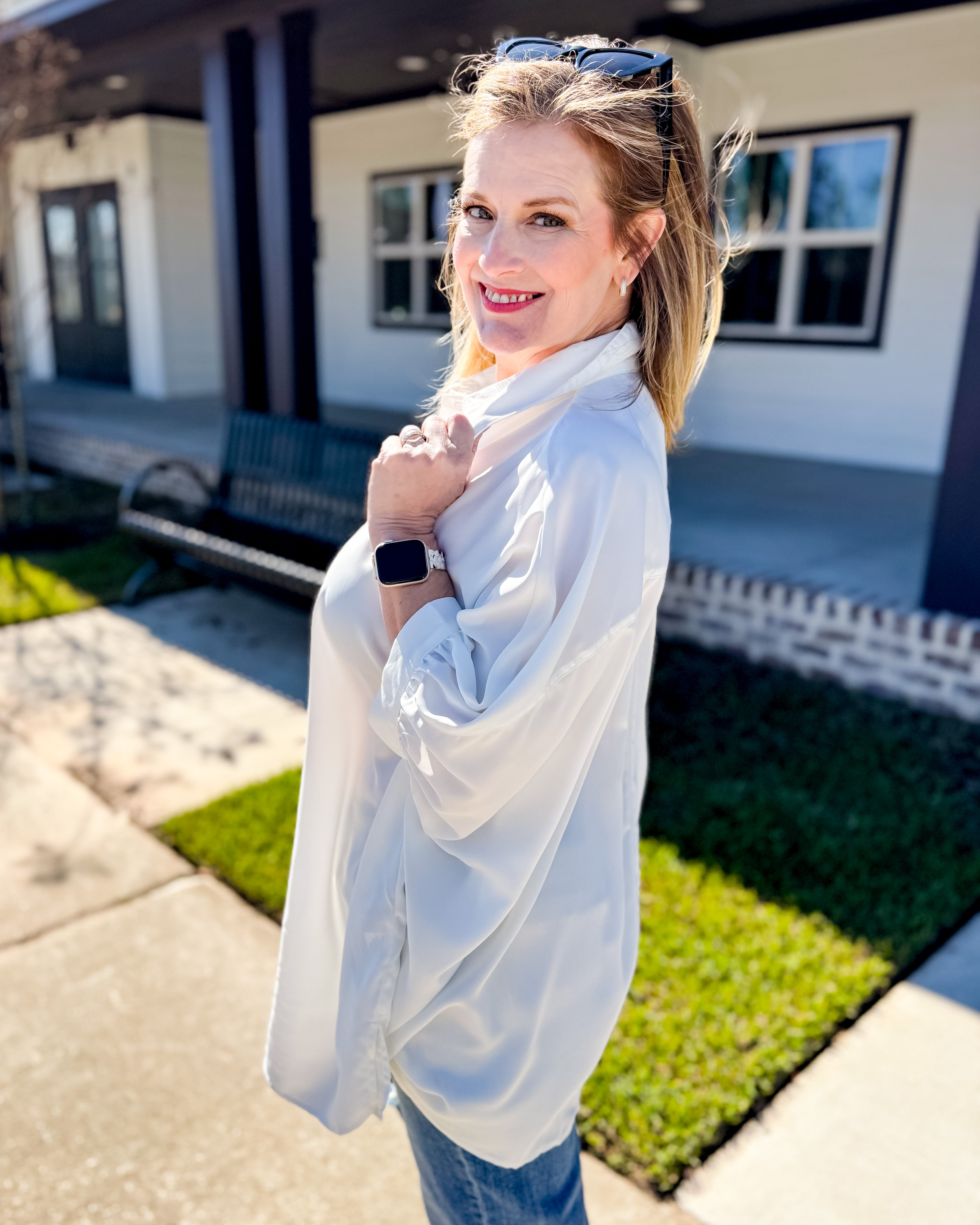 Solid Button Down Flowy Top in White