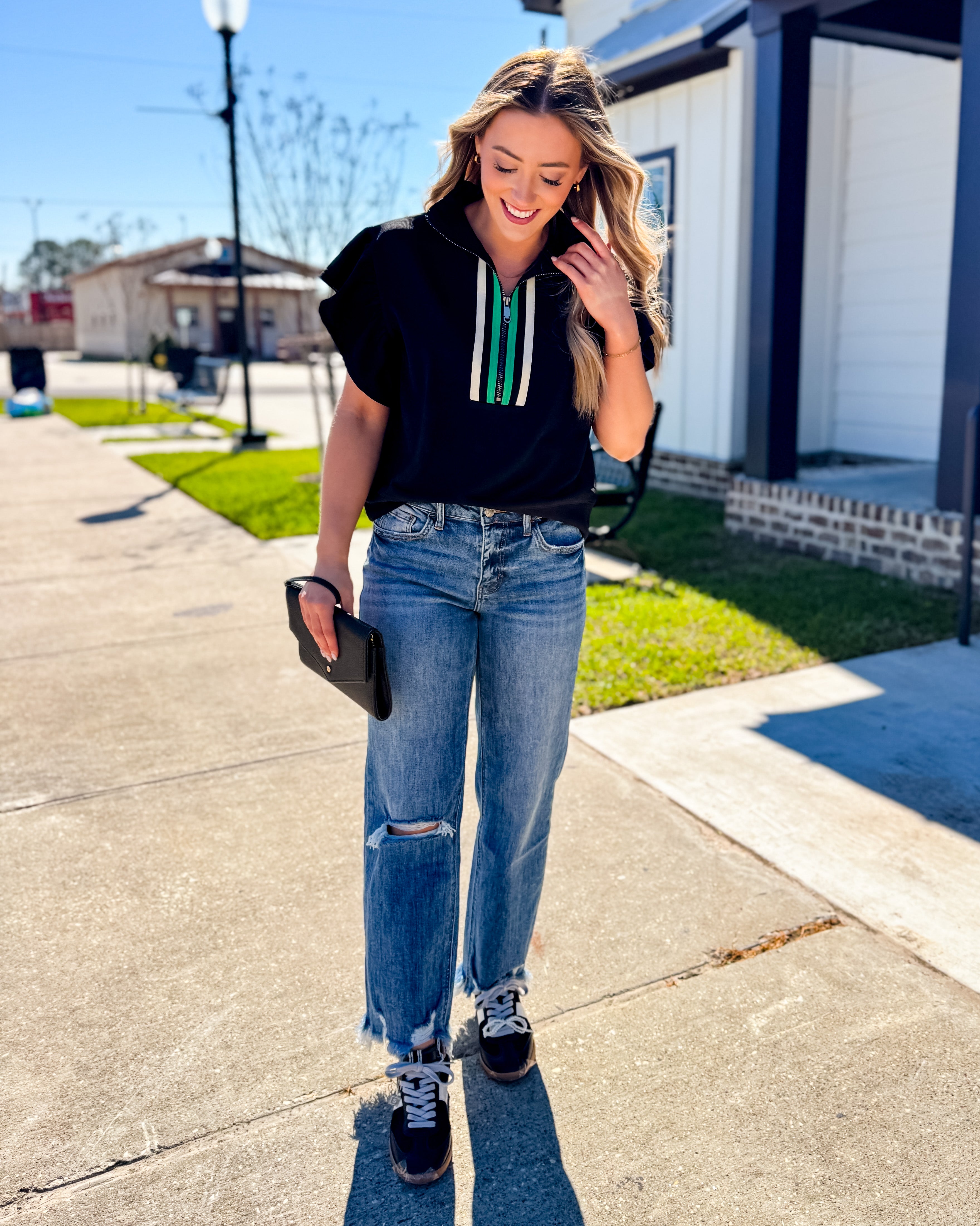 Black Half Zip Ruffle Sleeve Crop