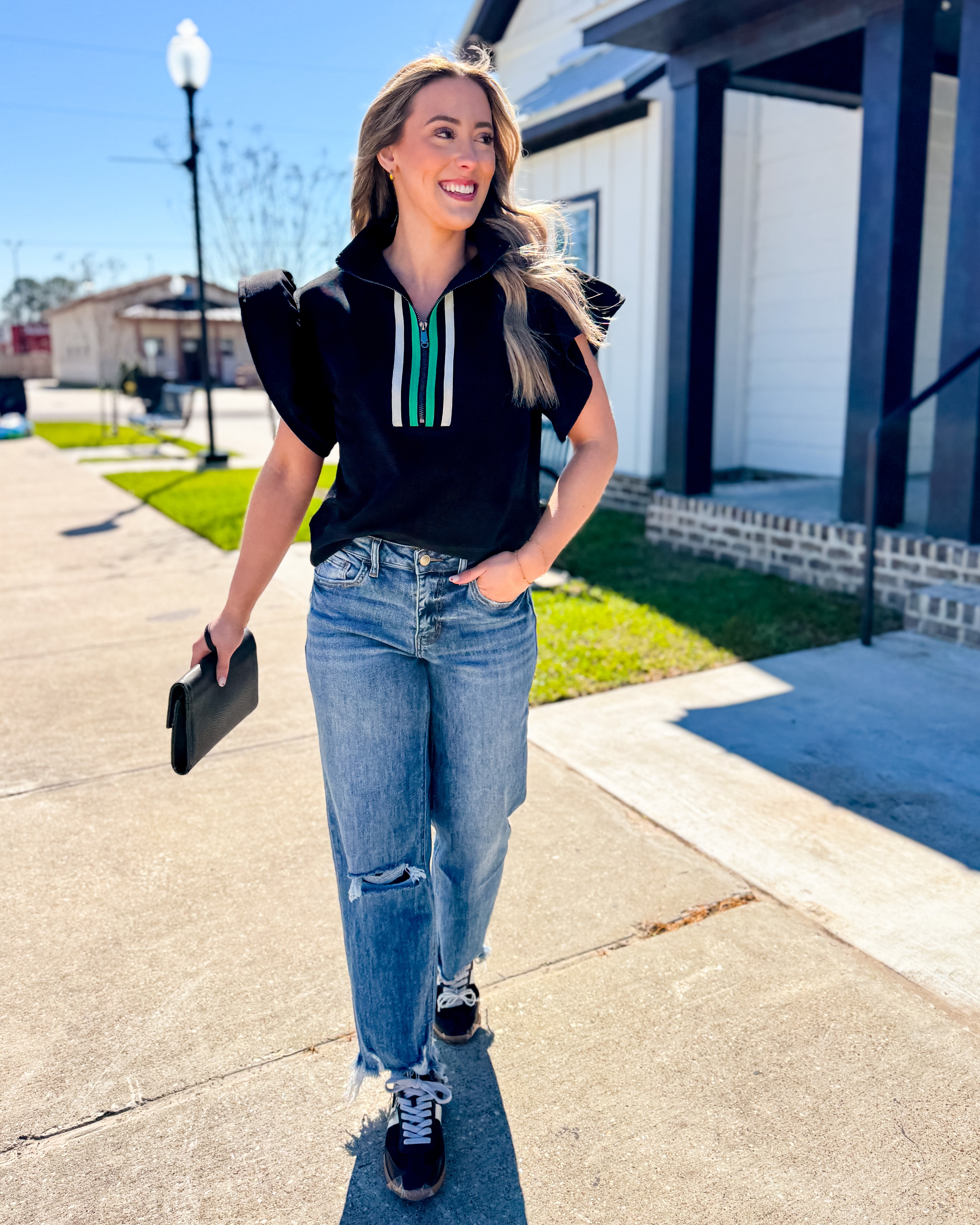 Black Half Zip Ruffle Sleeve Crop