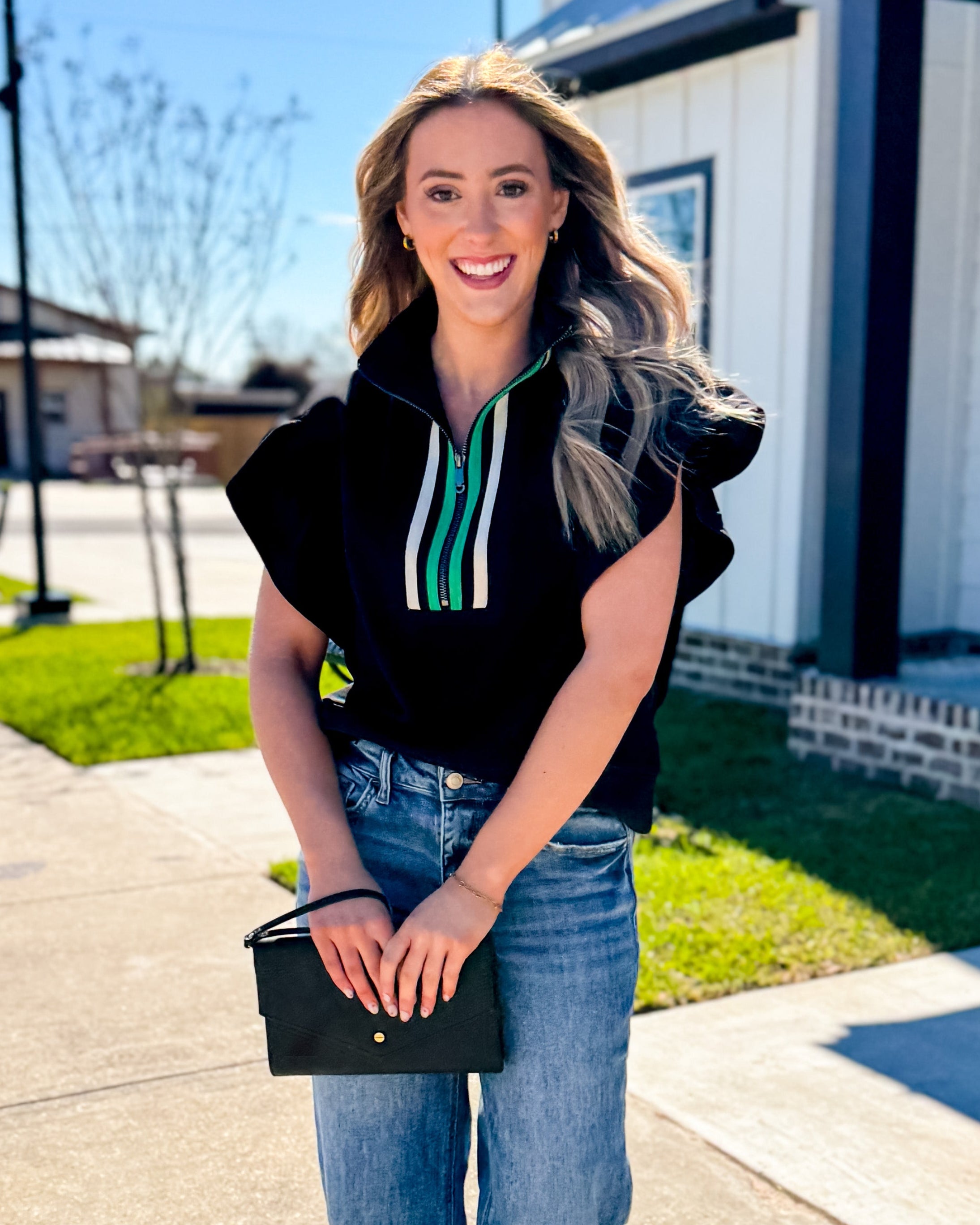 Black Half Zip Ruffle Sleeve Crop