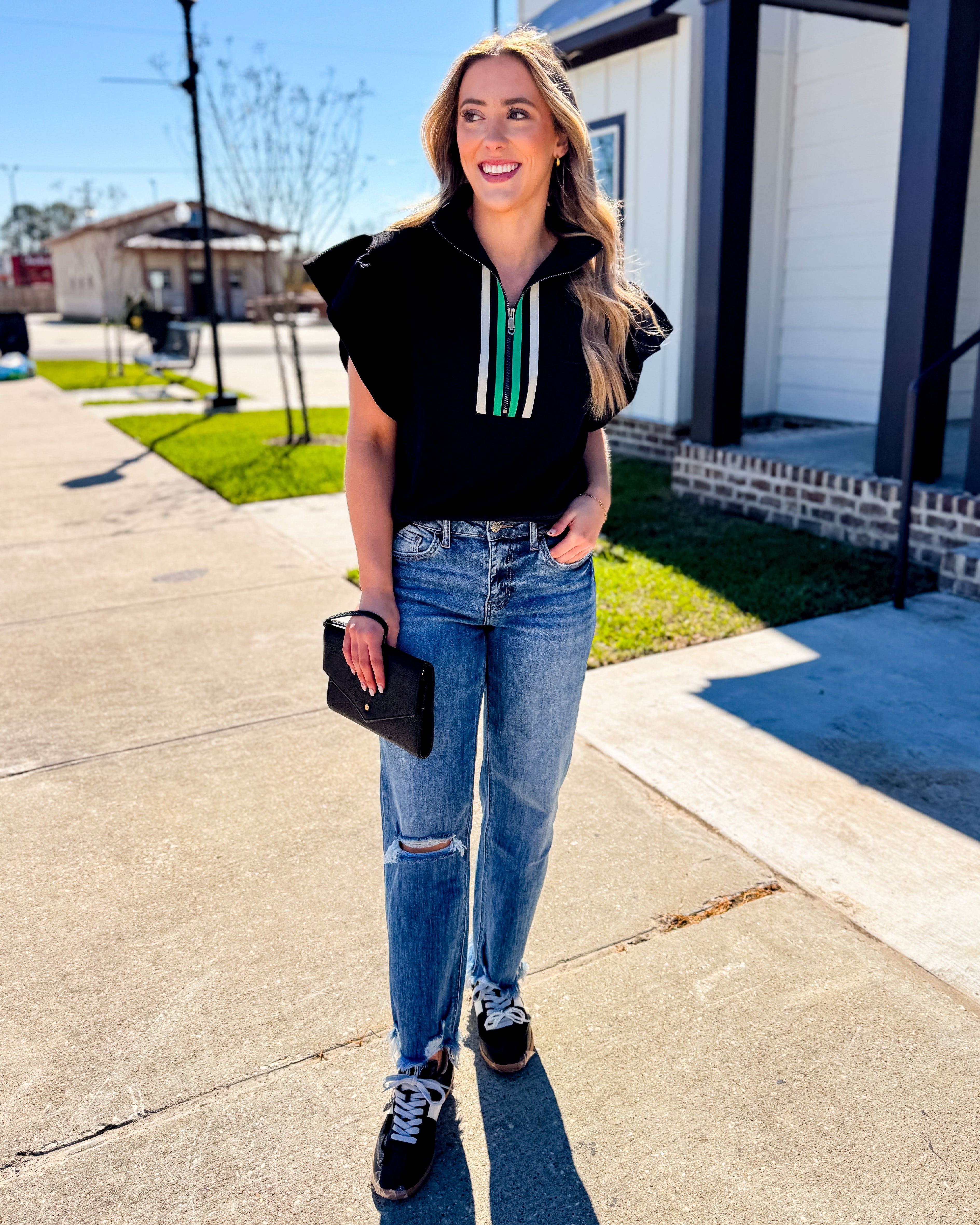 Black Half Zip Ruffle Sleeve Crop