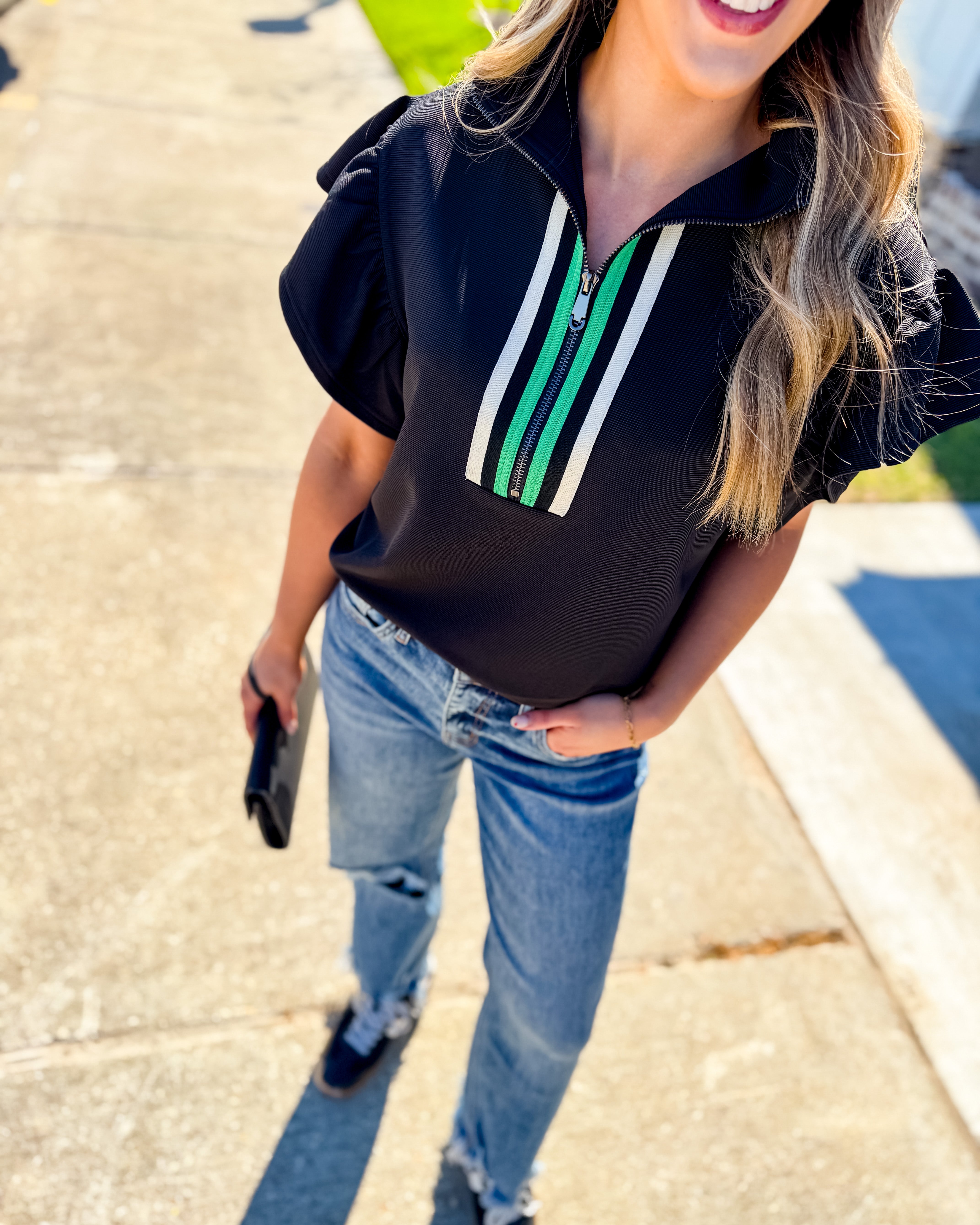 Black Half Zip Ruffle Sleeve Crop