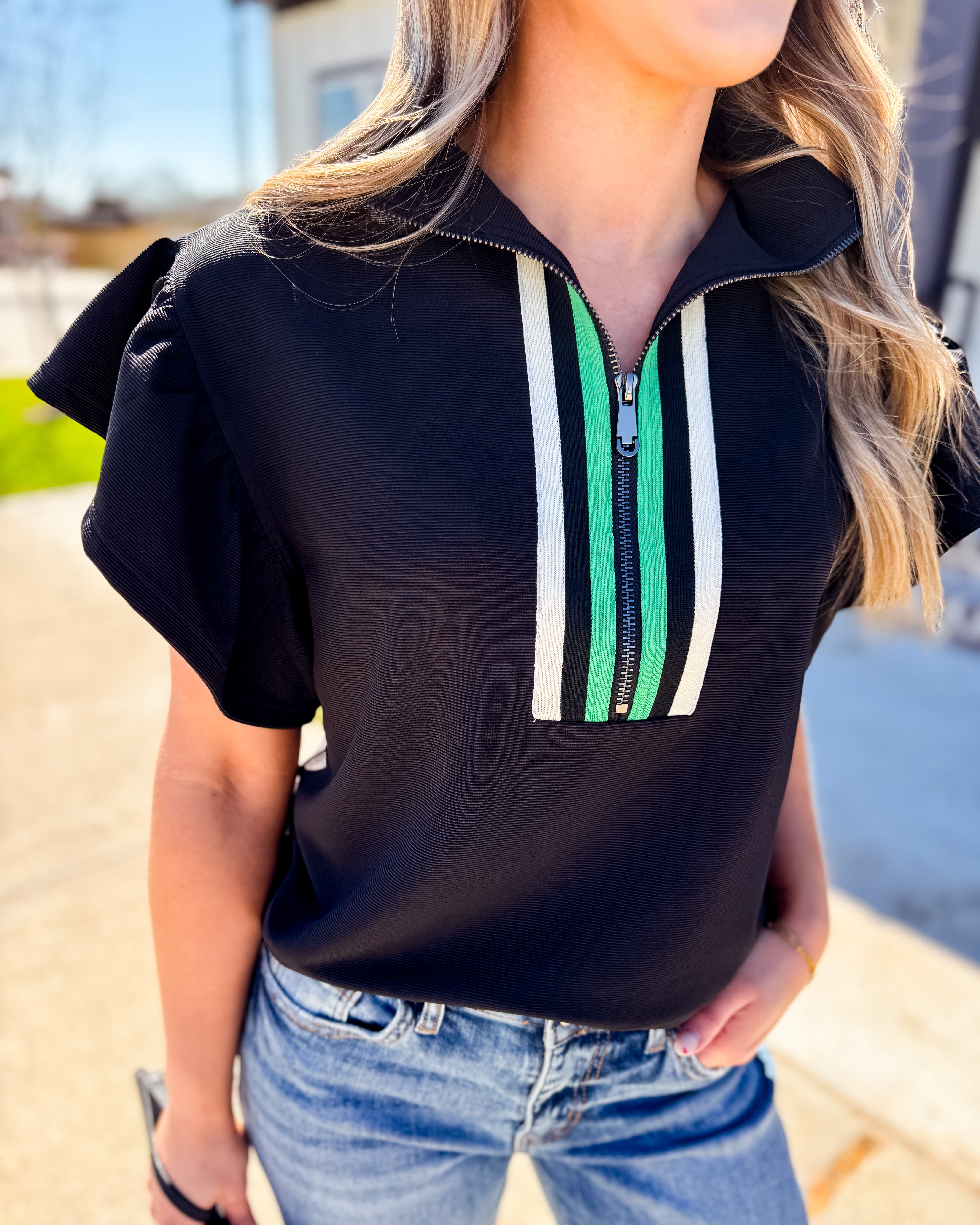 Black Half Zip Ruffle Sleeve Crop