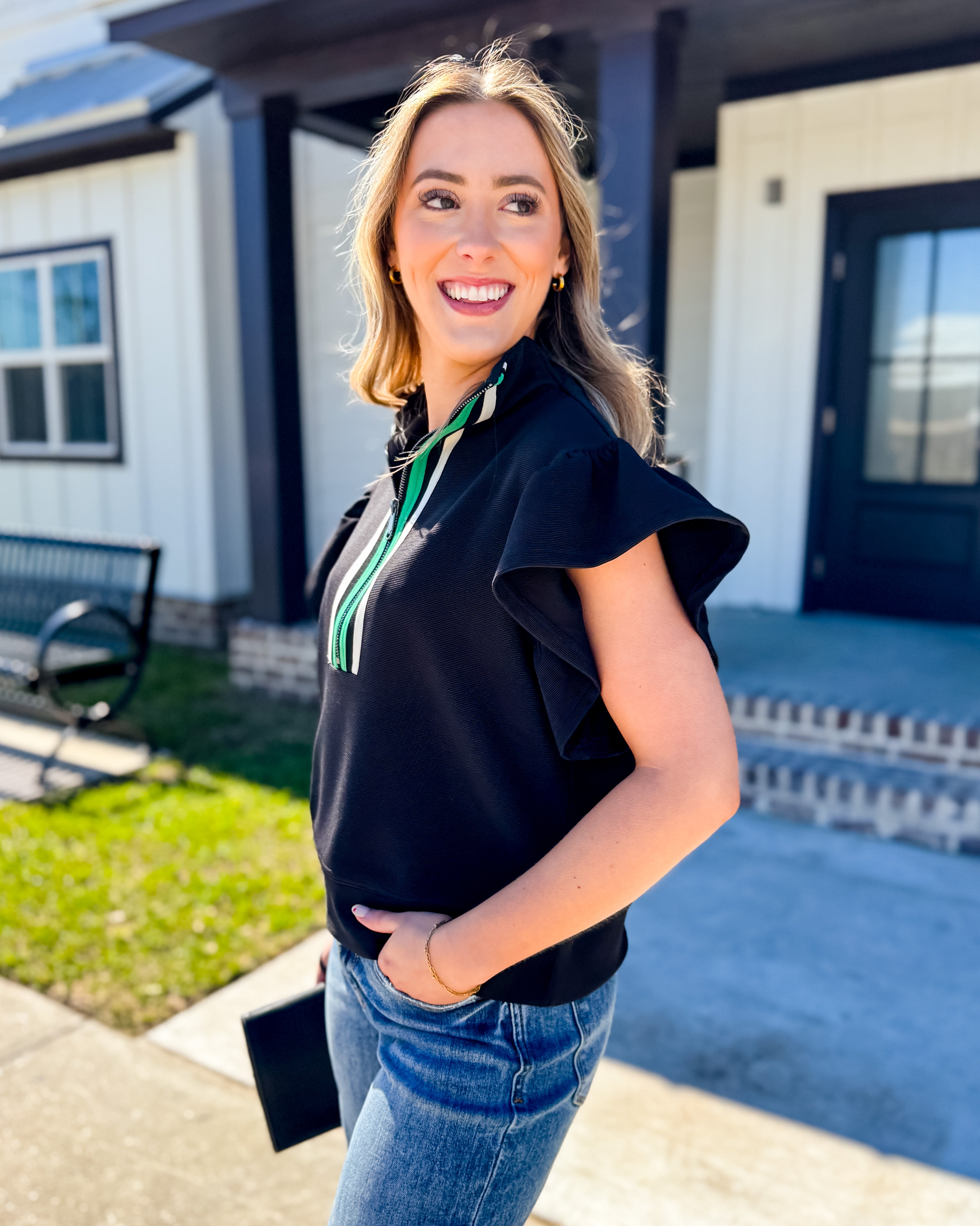 Black Half Zip Ruffle Sleeve Crop