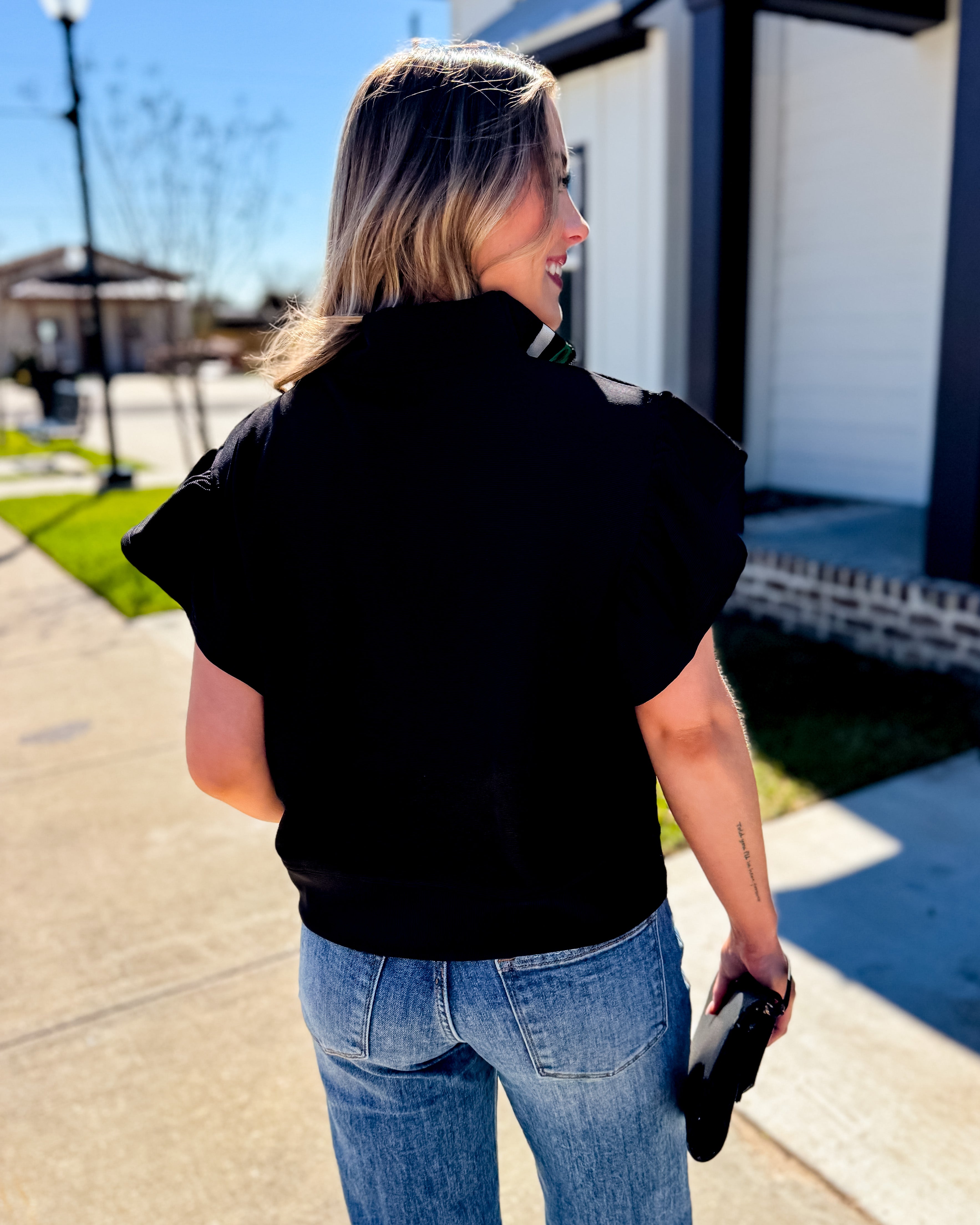 Black Half Zip Ruffle Sleeve Crop