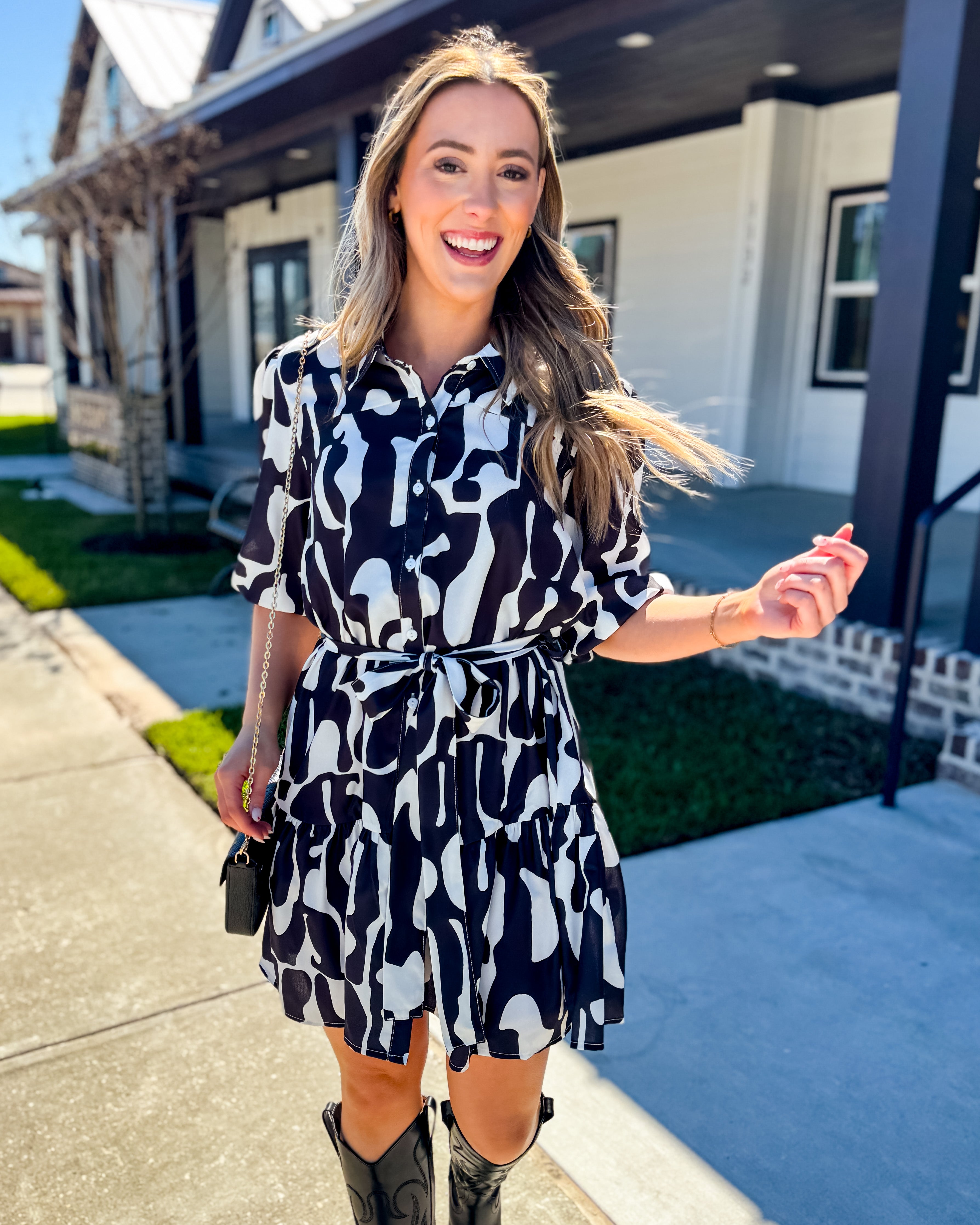 Abstract Print Collared Dress in Black Mix