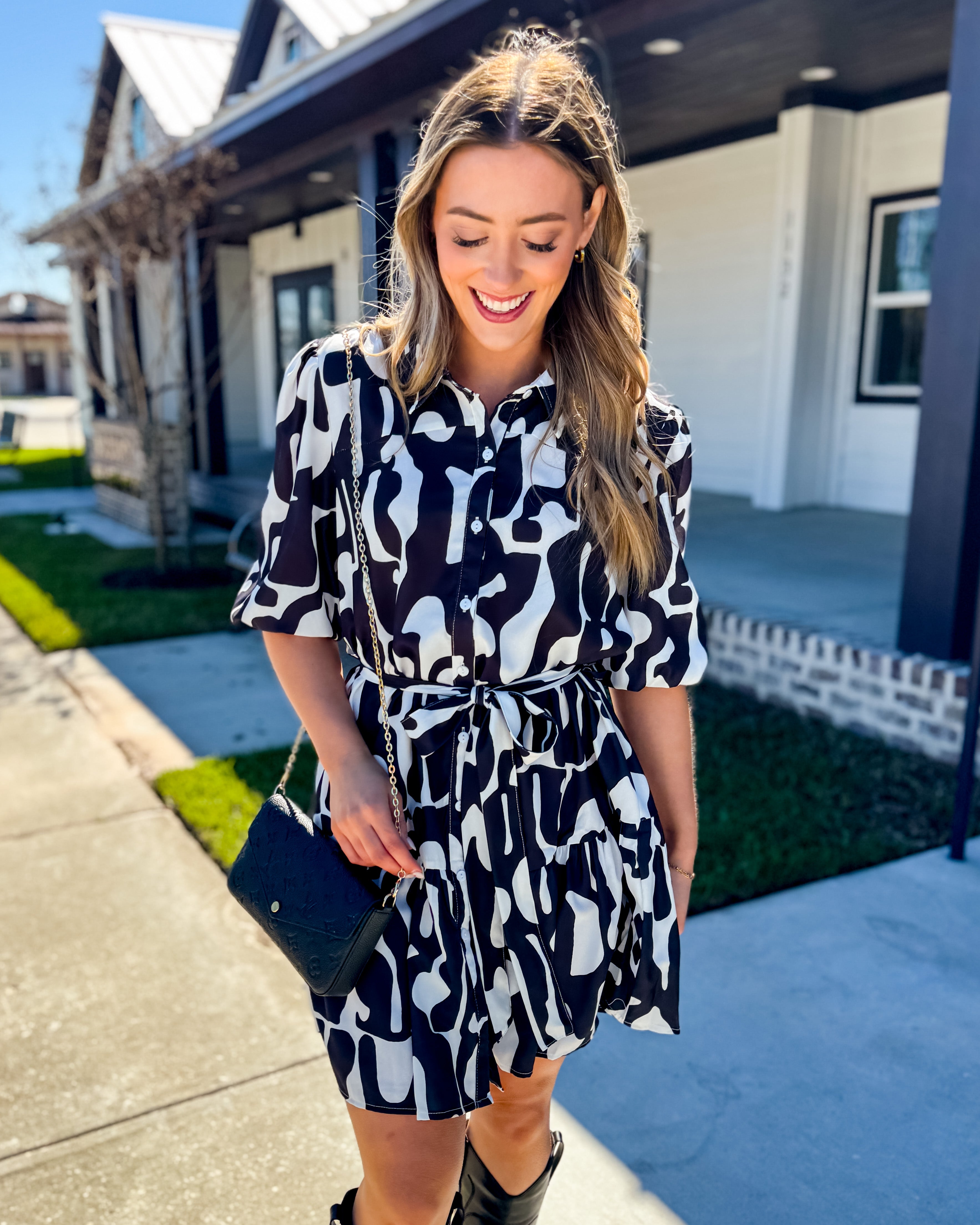 Abstract Print Collared Dress in Black Mix